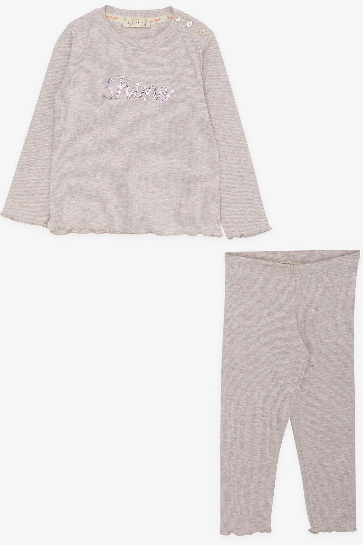 Breeze Kız Bebek Taytlı Takım Pullu Yazı Baskılı Bej Melanj (9 Ay-3 Yaş)