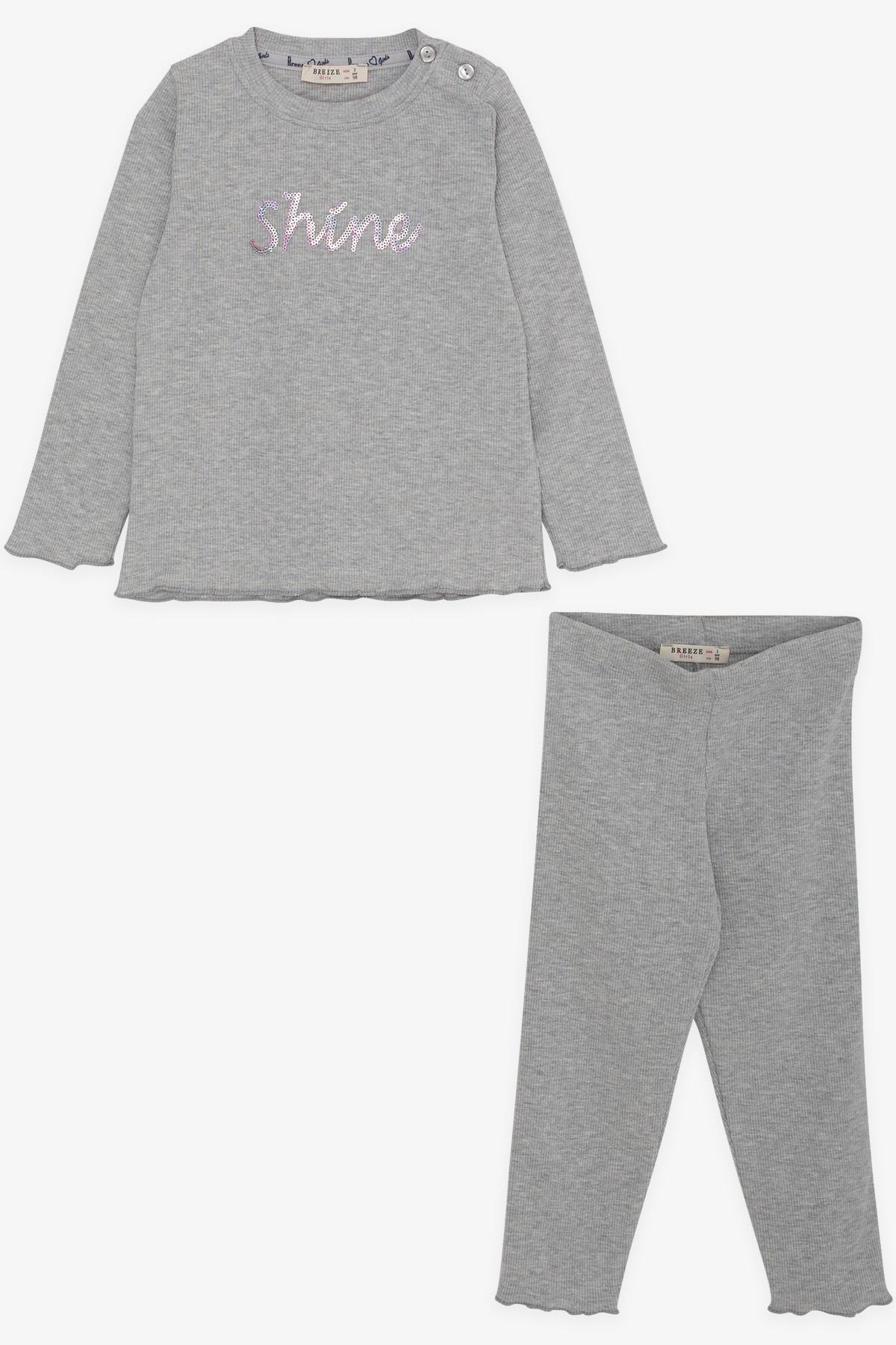 Breeze Kız Bebek Taytlı Takım Pullu Yazı Baskılı Gri Melanj (9 Ay-3 Yaş)