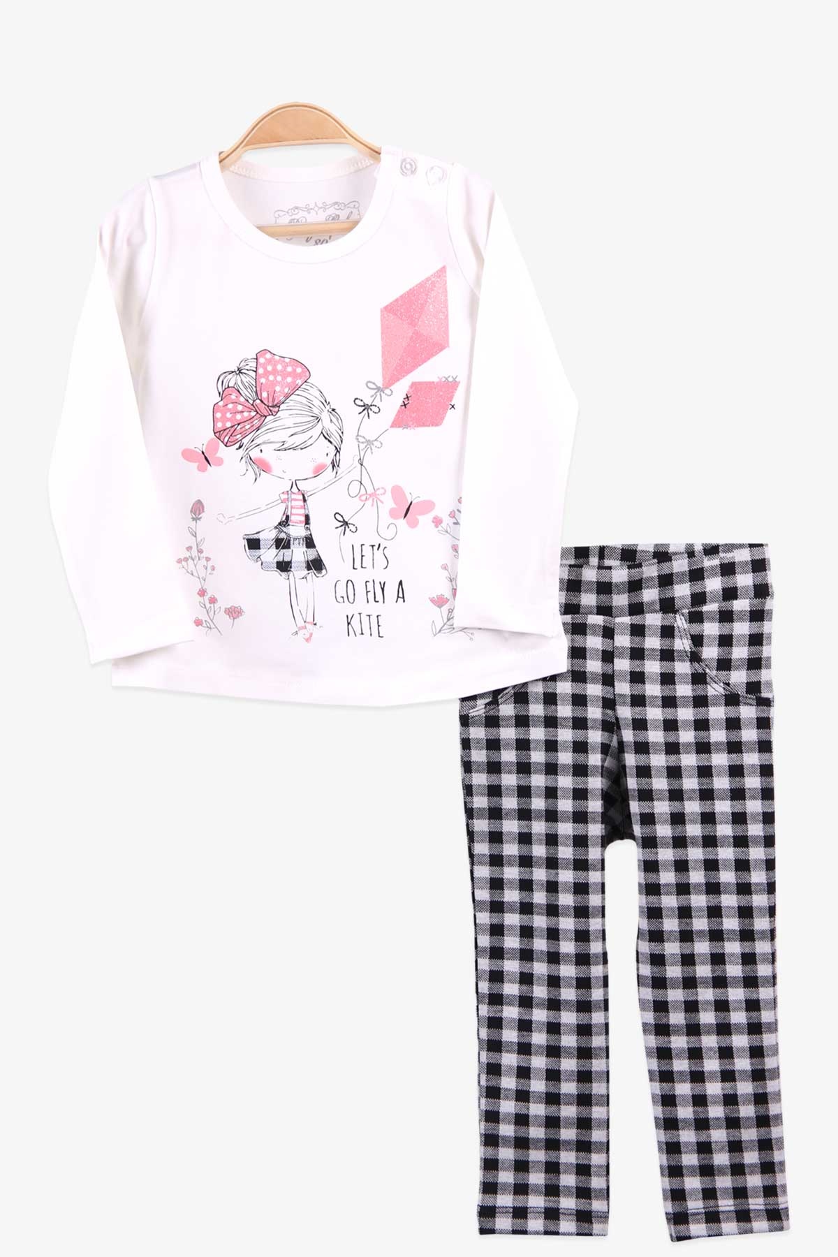 Breeze Kız Bebek Taytlı Takım Simli Ekoseli Ekru (1 Yaş)