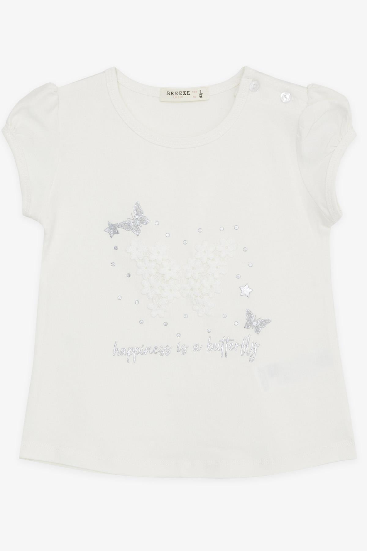 Breeze Kız Bebek Tişört Kelebek Baskılı Nakışlı Ekru (9 Ay-3 Yaş)
