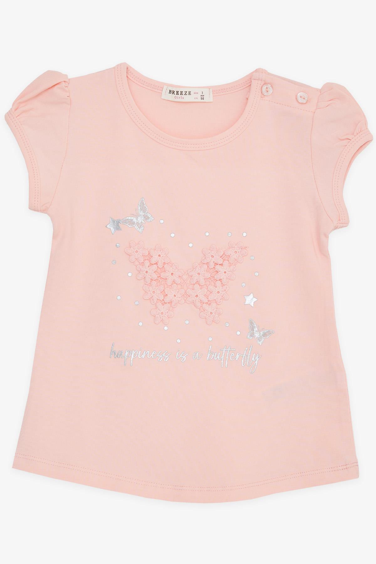 Breeze Kız Bebek Tişört Kelebek Baskılı Nakışlı Somon (9 Ay-3 Yaş)