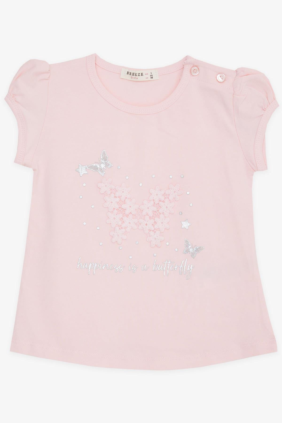 Breeze Kız Bebek Tişört Kelebek Baskılı Nakışlı Pembe (9 Ay-3 Yaş)