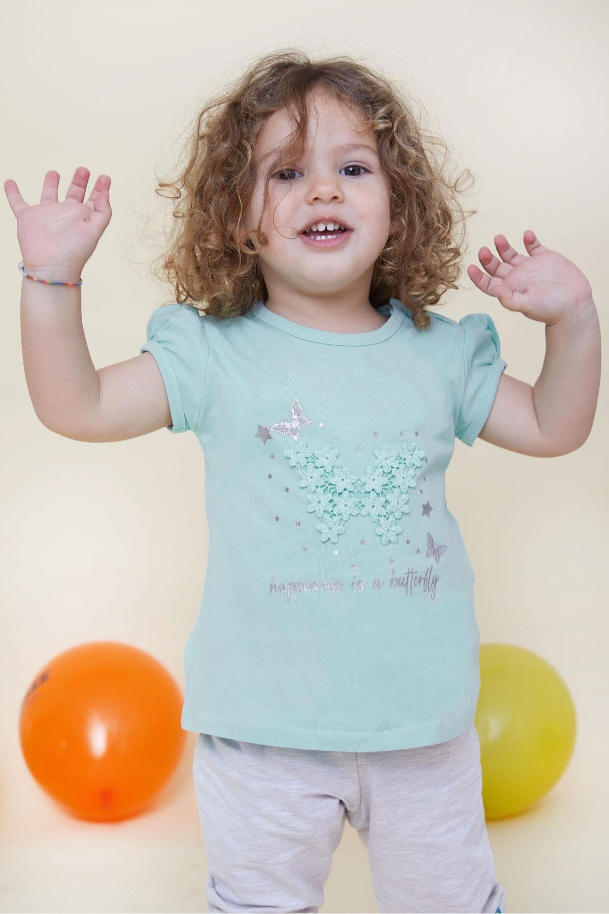Breeze Kız Bebek Tişört Kelebek Baskılı Nakışlı Su Yeşili (9 Ay-3 Yaş)