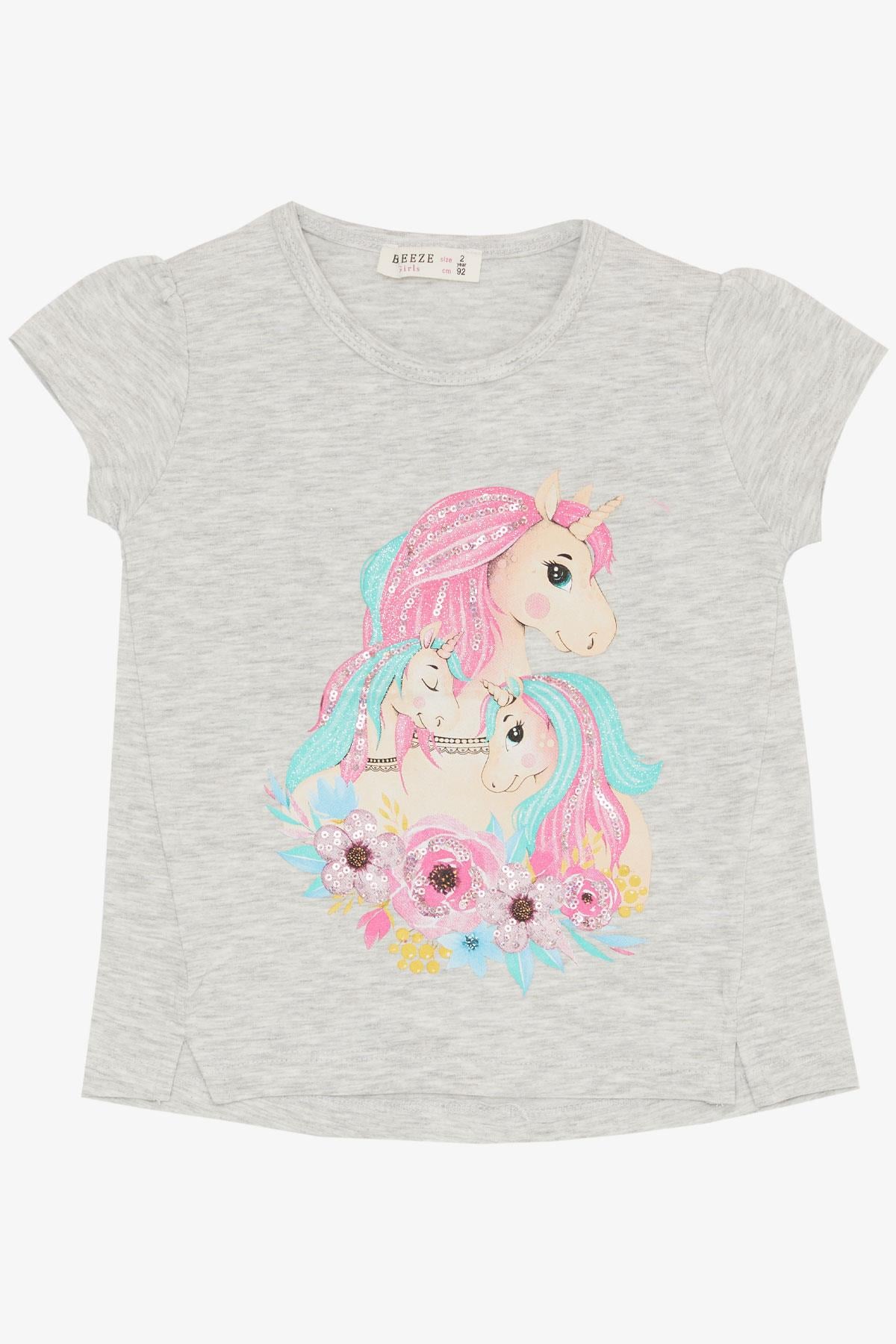 Breeze Kız Bebek Tişört Unicorn Baskılı Gri Melanj (2 Yaş)