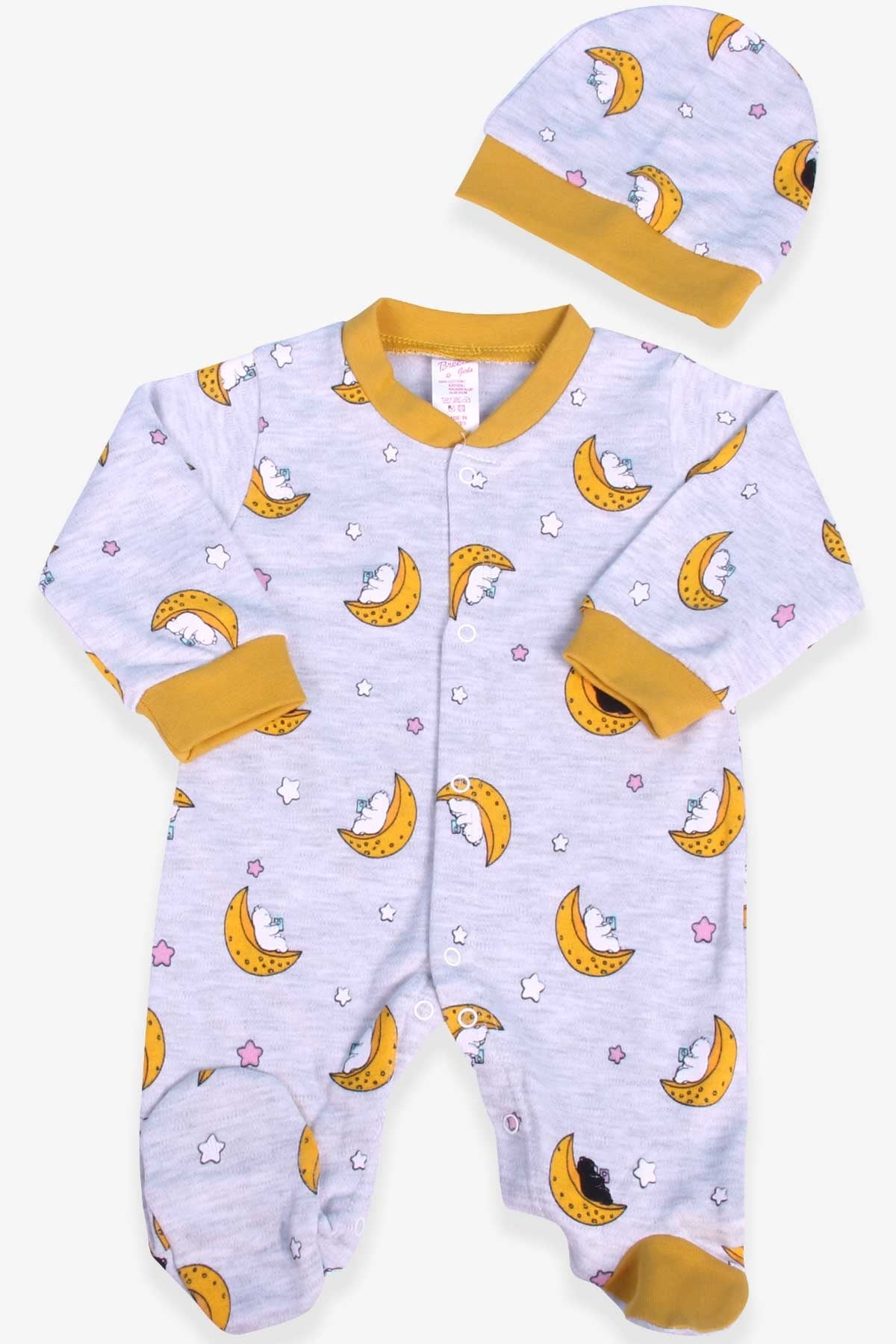 Breeze Kız Bebek Tulum Ay Desenli Şapkalı Set Gri Melanj (0-3 Ay-6 Ay)