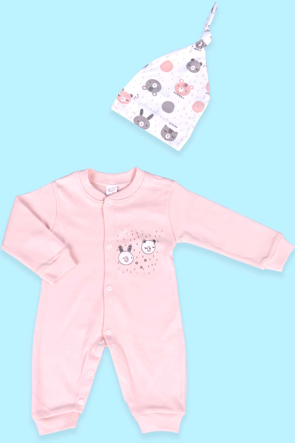 Breeze Kız Bebek Tulum Ayıcık Baskılı Şapkalı Set Somon (0-3 Ay-4 Ay)