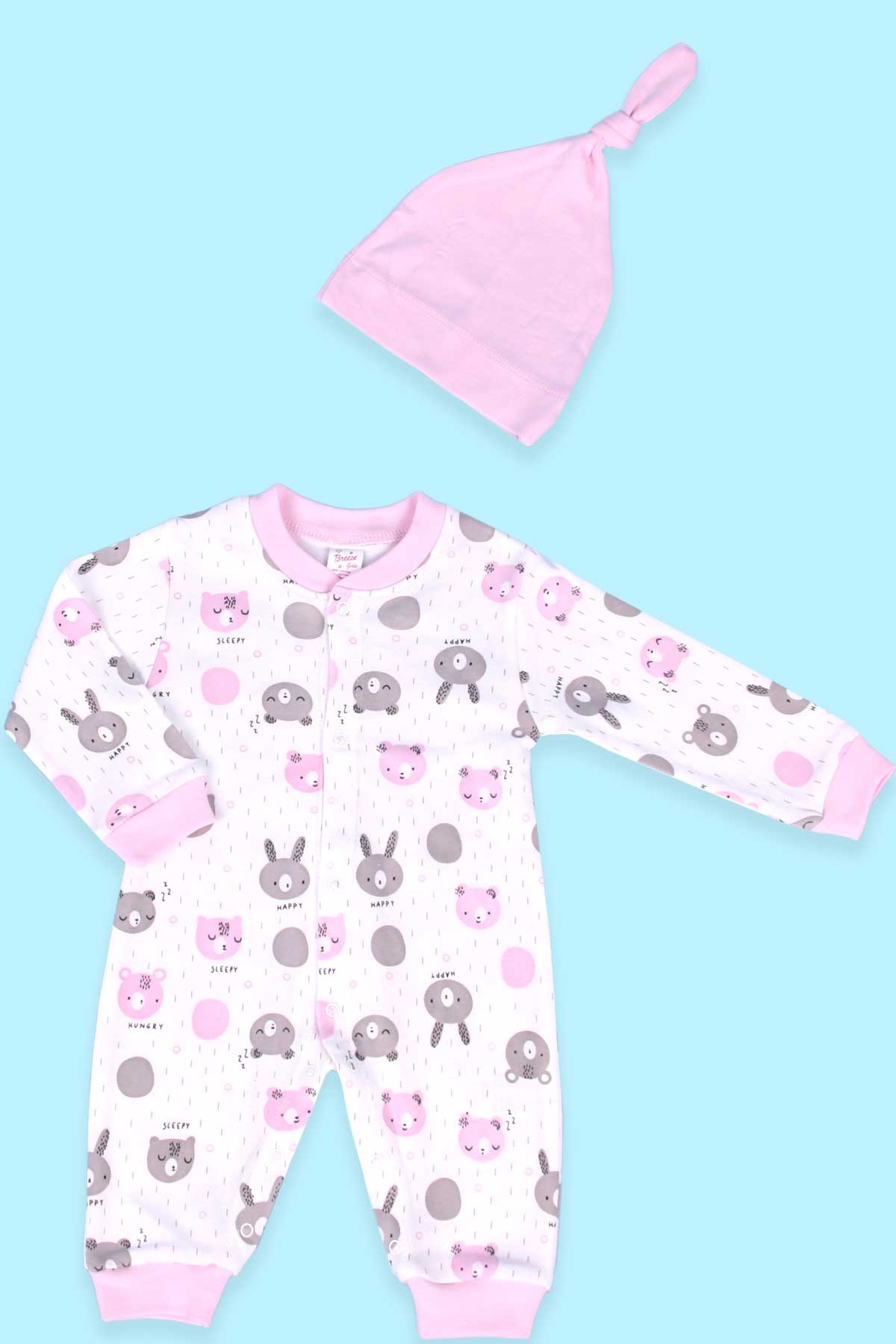 Breeze Kız Bebek Tulum Ayıcık Desenli Şapkalı Set Pudra (0-3 Ay-4 Ay)