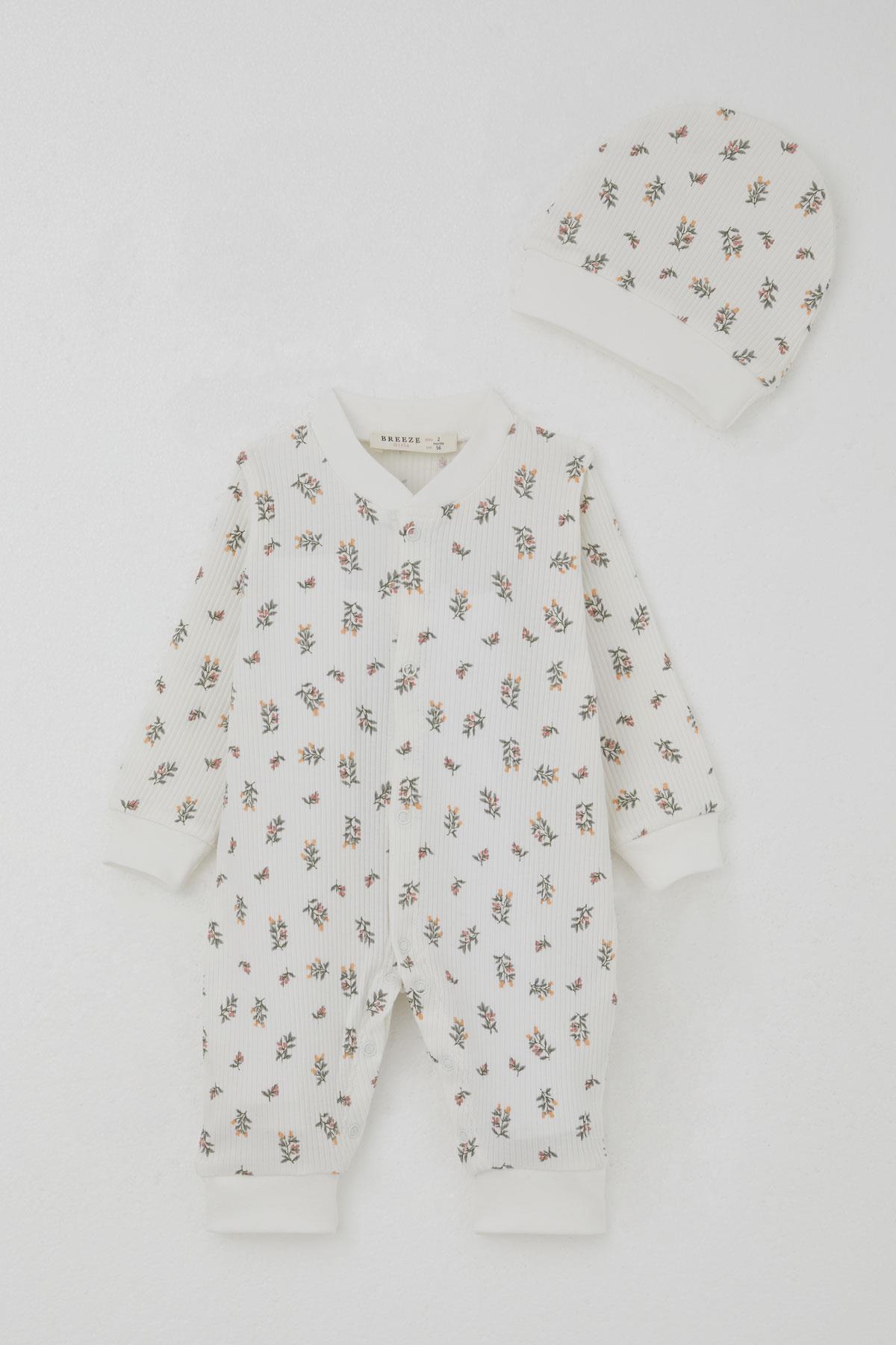 Breeze Kız Bebek Tulum Çiçek Desenli Ekru (0-6 Ay)