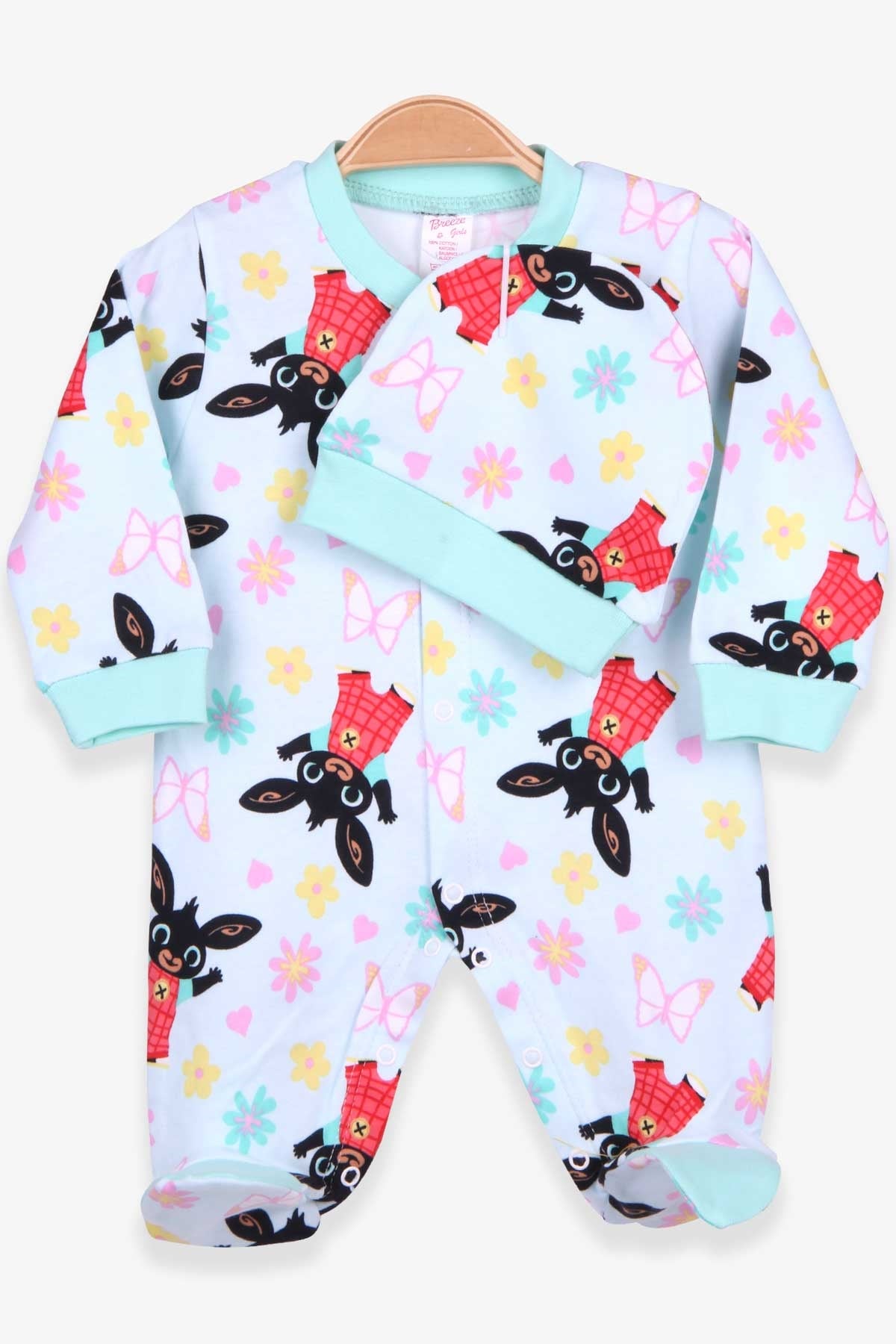 Breeze Kız Bebek Tulum Çiçek Desenli Şapkalı Set Su Yeşili (0-3 Ay-6 Ay)