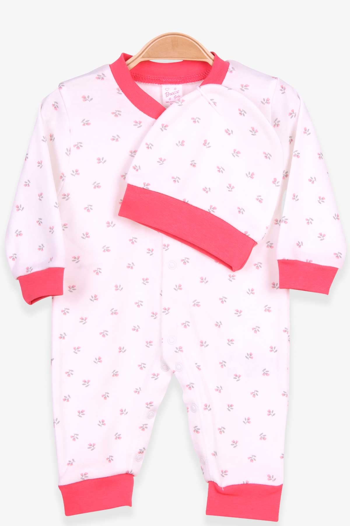 Breeze Kız Bebek Tulum Çiçek Desenli Şapkalı Set Beyaz (0-3 Ay-6 Ay)