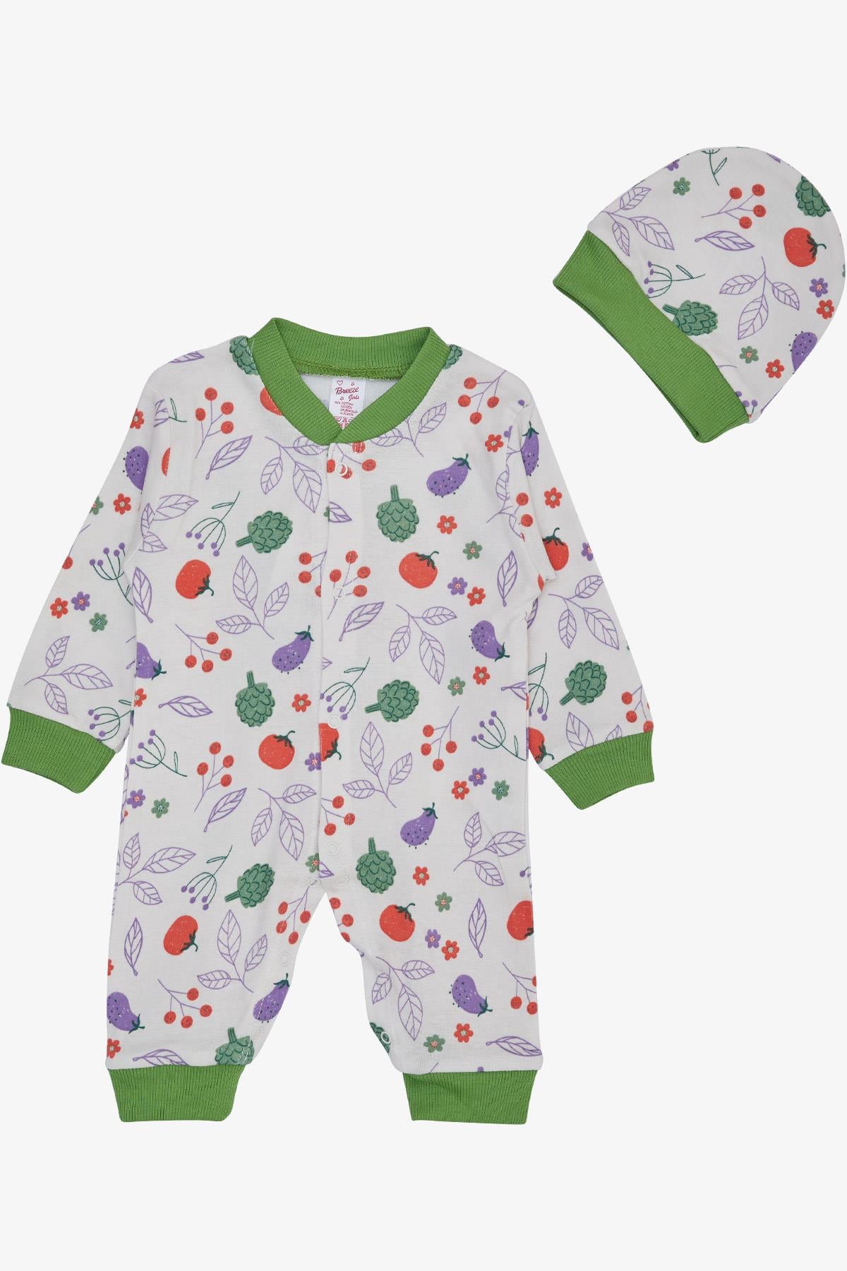 Breeze Kız Bebek Tulum Çiçek Temalı Sebze Desenli Beyaz (0-6 Ay)