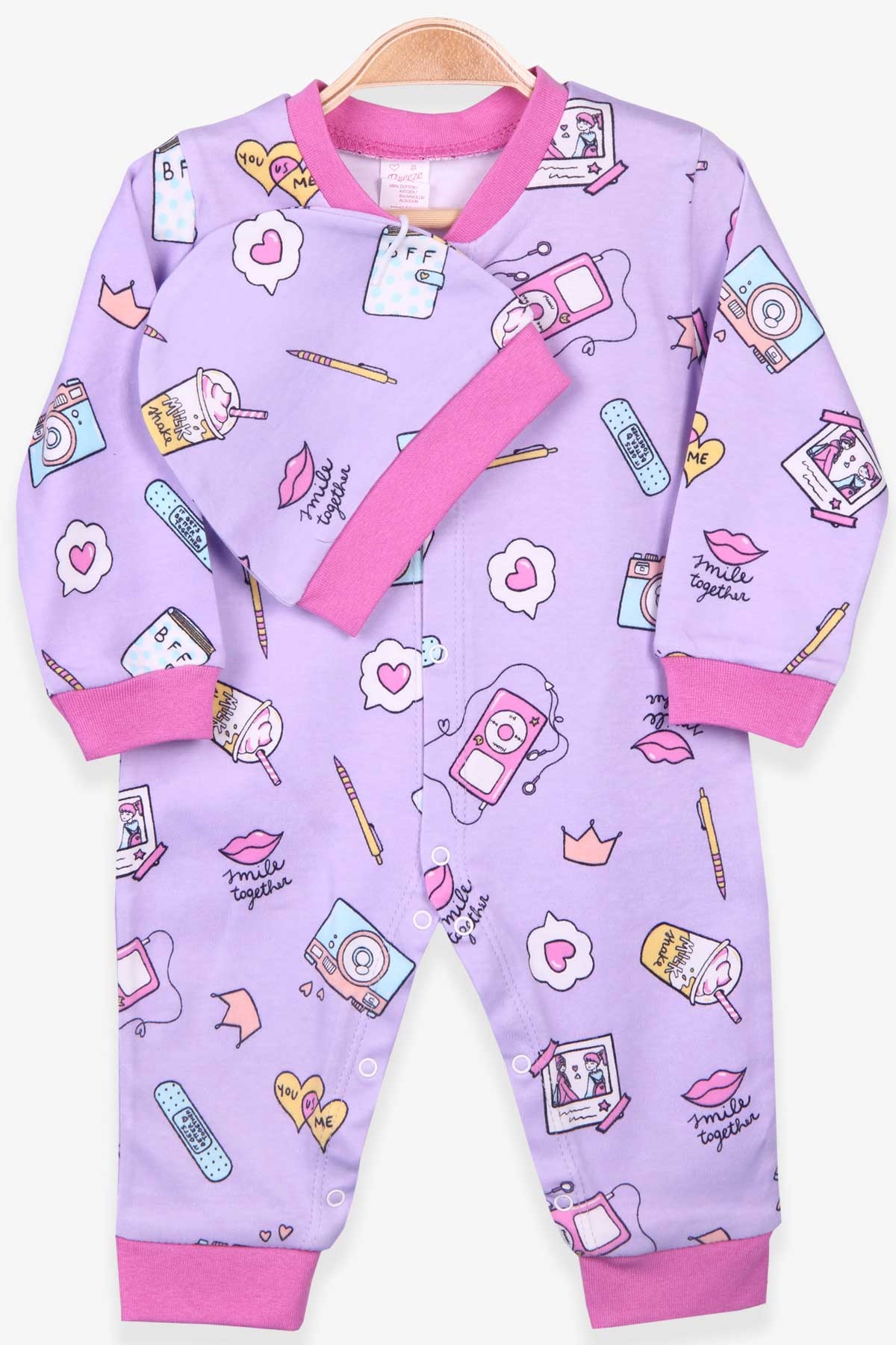 Breeze Kız Bebek Tulum Desenli Şapkalı Set Eflatun (0-3 Ay-6 Ay)