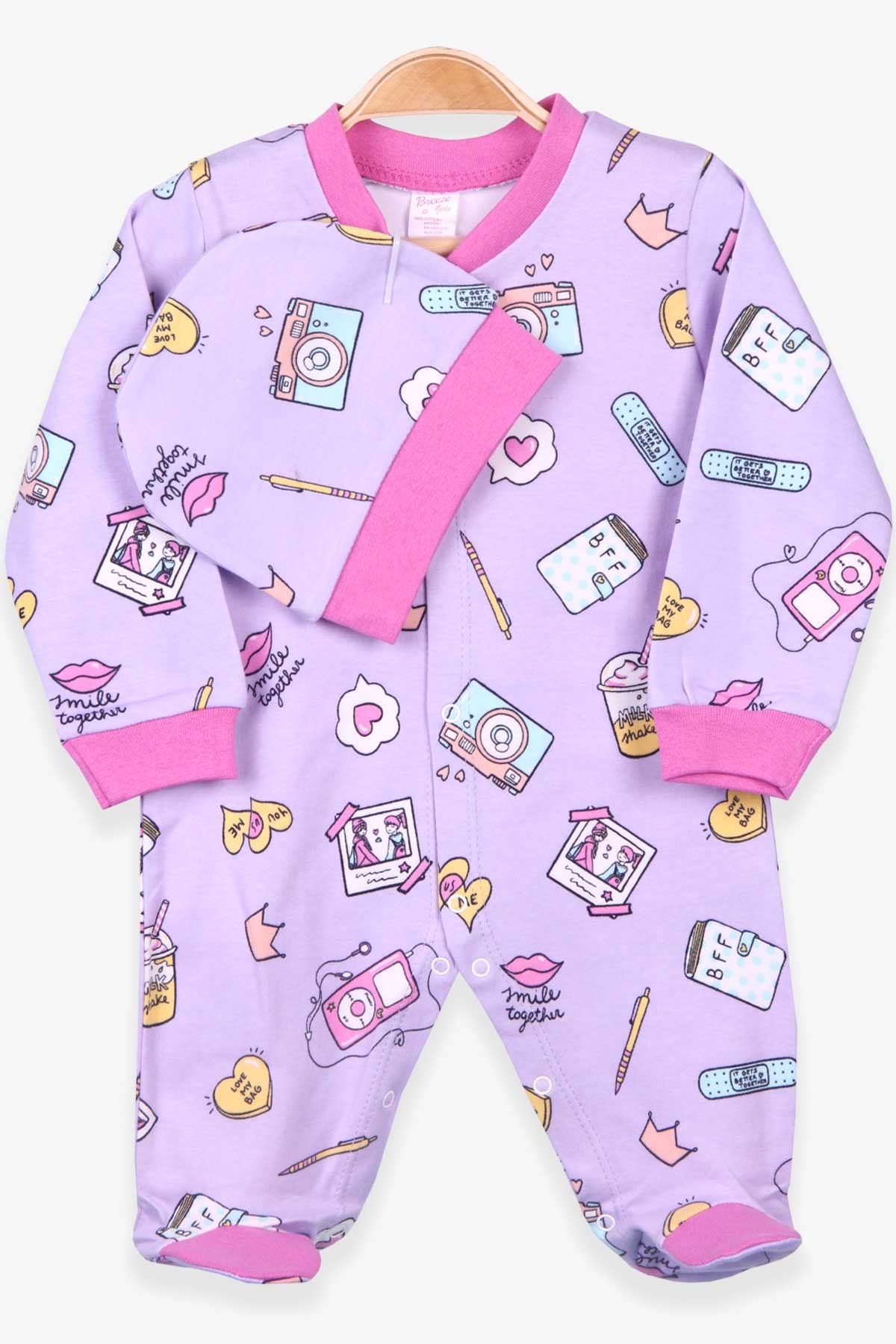 Breeze Kız Bebek Tulum Desenli Şapkalı Set Eflatun (0-3 Ay-6 Ay)