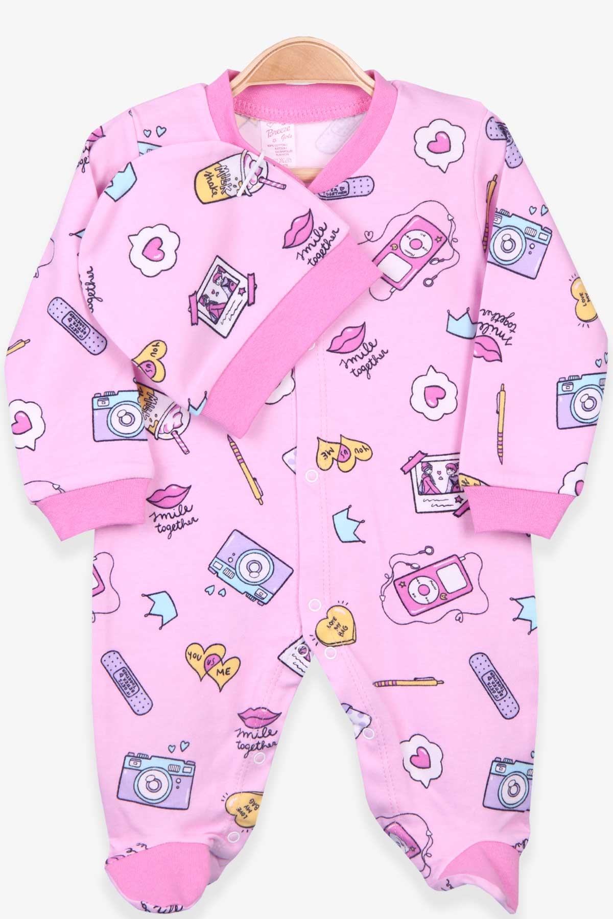 Breeze Kız Bebek Tulum Desenli Şapkalı Set Pudra (0-3 Ay-6 Ay)