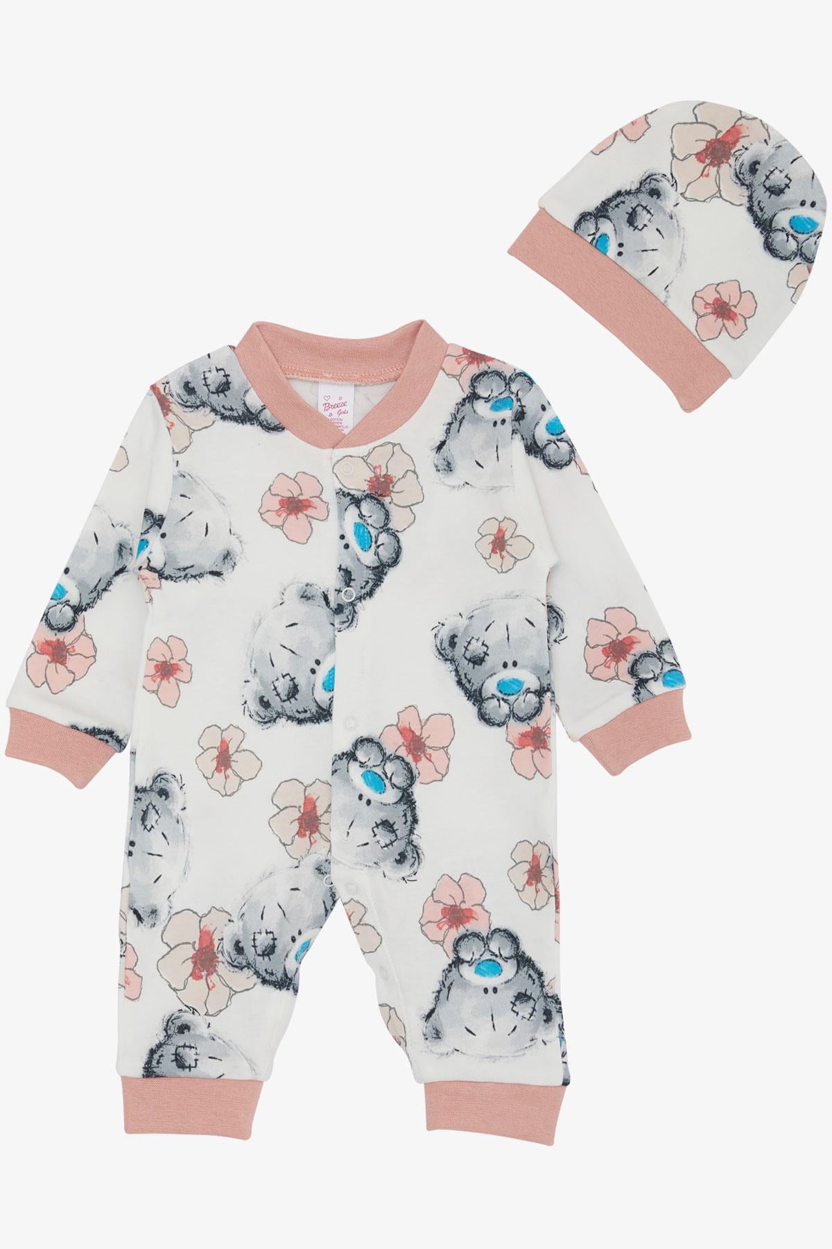 Breeze Kız Bebek Tulum Düşünceli Ayıcık & Çiçek Desenli Ekru (0-6 Ay)