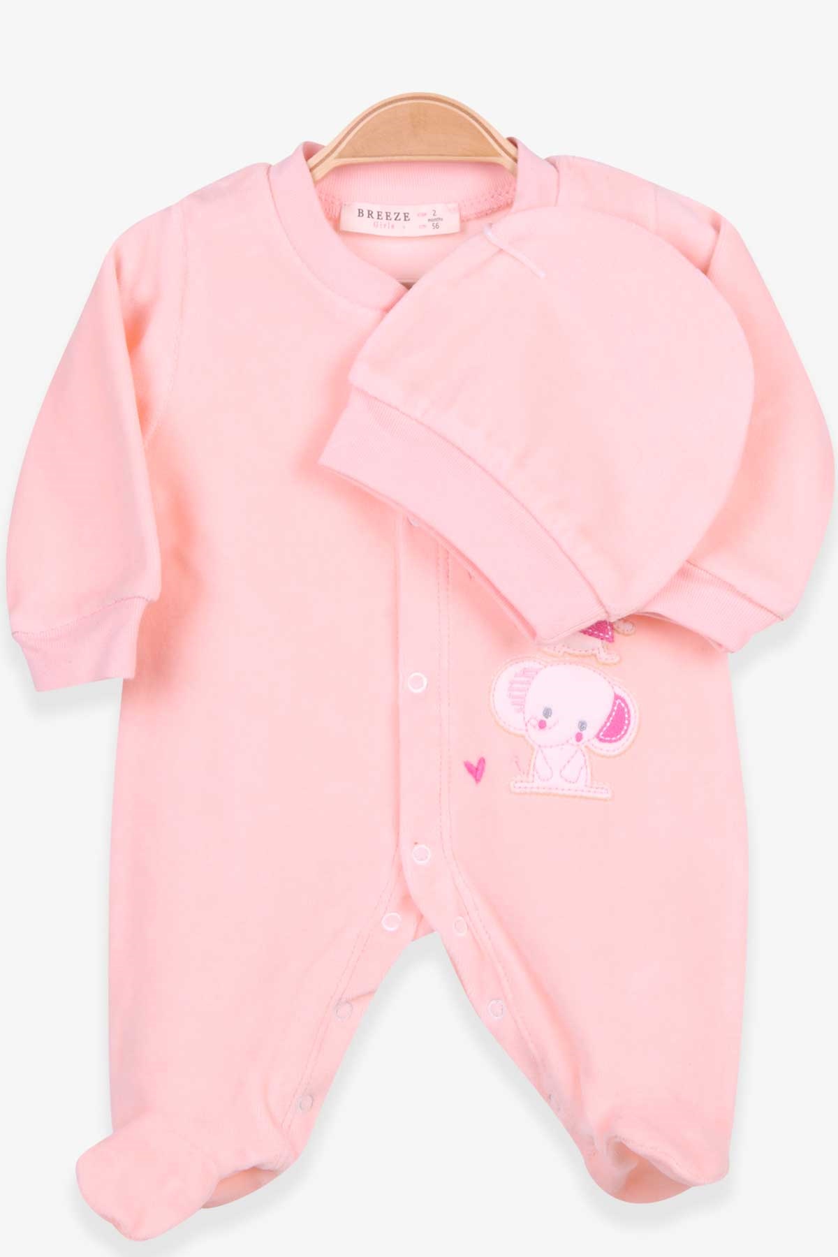 Breeze Kız Bebek Tulum Fil Nakışlı Şapkalı Set Somon (0-3 Ay-6 Ay)