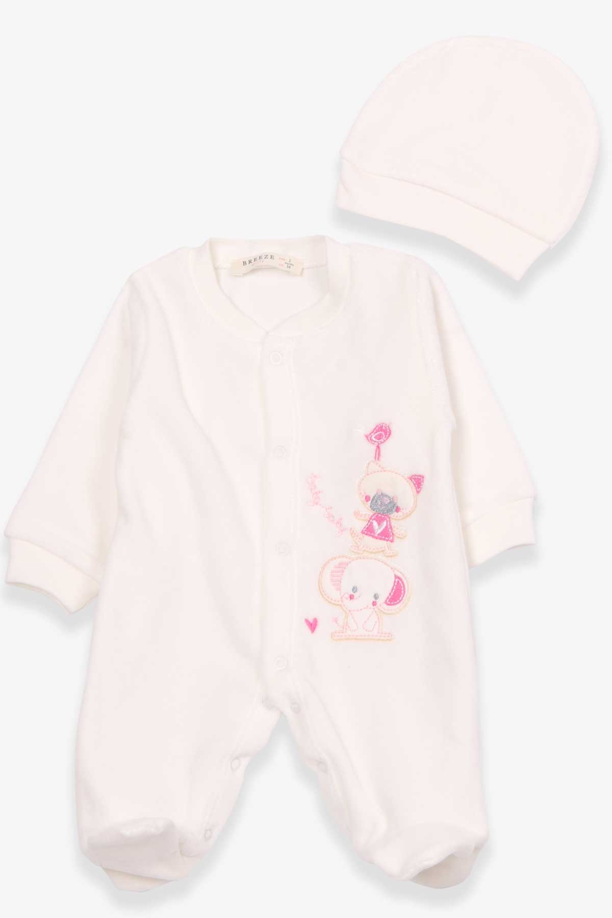 Breeze Kız Bebek Tulum Fil Nakışlı Şapkalı Set Ekru (0-3 Ay-6 Ay)