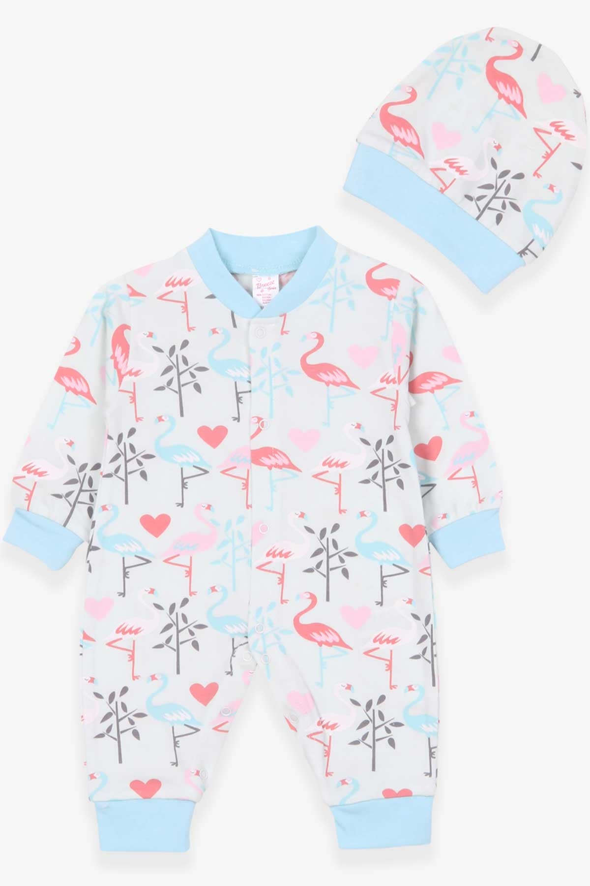Breeze Kız Bebek Tulum Flamingo Desenli Buz Mavisi (0-3-6 Ay)