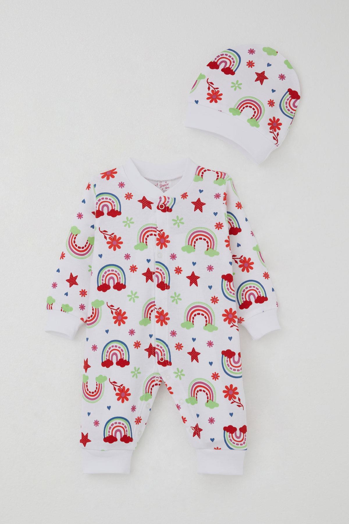 Breeze Kız Bebek Tulum Gökkuşağı Masalı Çiçek Desenli Beyaz (0-6 Ay)