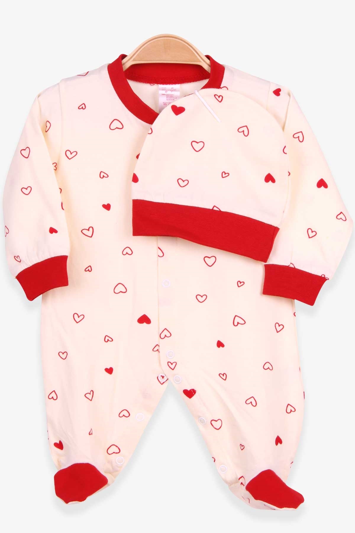 Breeze Kız Bebek Tulum Kalp Desenli Şapkalı Set Krem (0-3-6 Ay)
