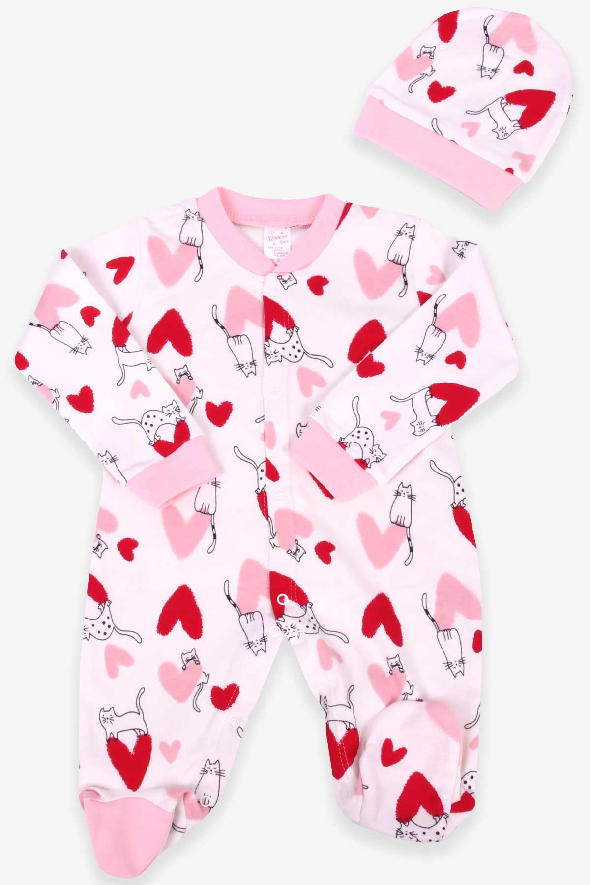 Breeze Kız Bebek Tulum Kalp Desenli Şapkalı Set Ekru (0-3-6 Ay)
