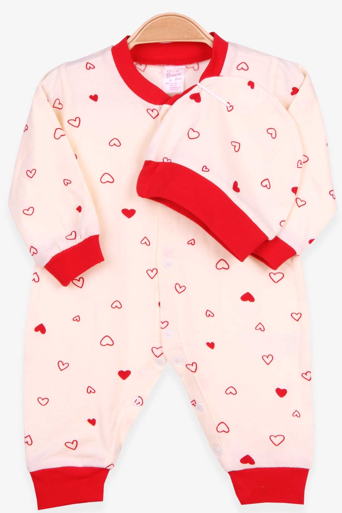 Breeze Kız Bebek Tulum Kalp Desenli Şapkalı Set Krem (0-3 Ay-6 Ay)