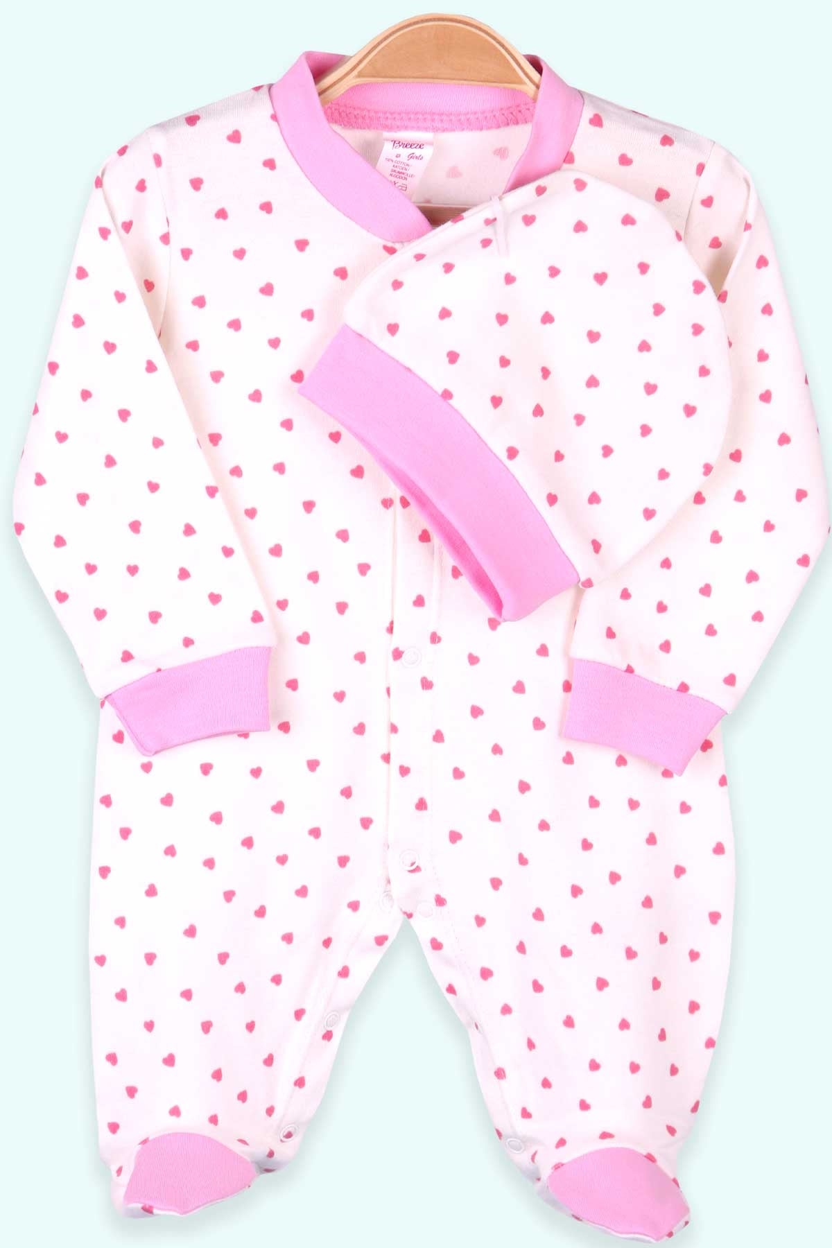 Breeze Kız Bebek Tulum Kalpli Şapkalı Set Ekru (0-3 Ay-4 Ay)