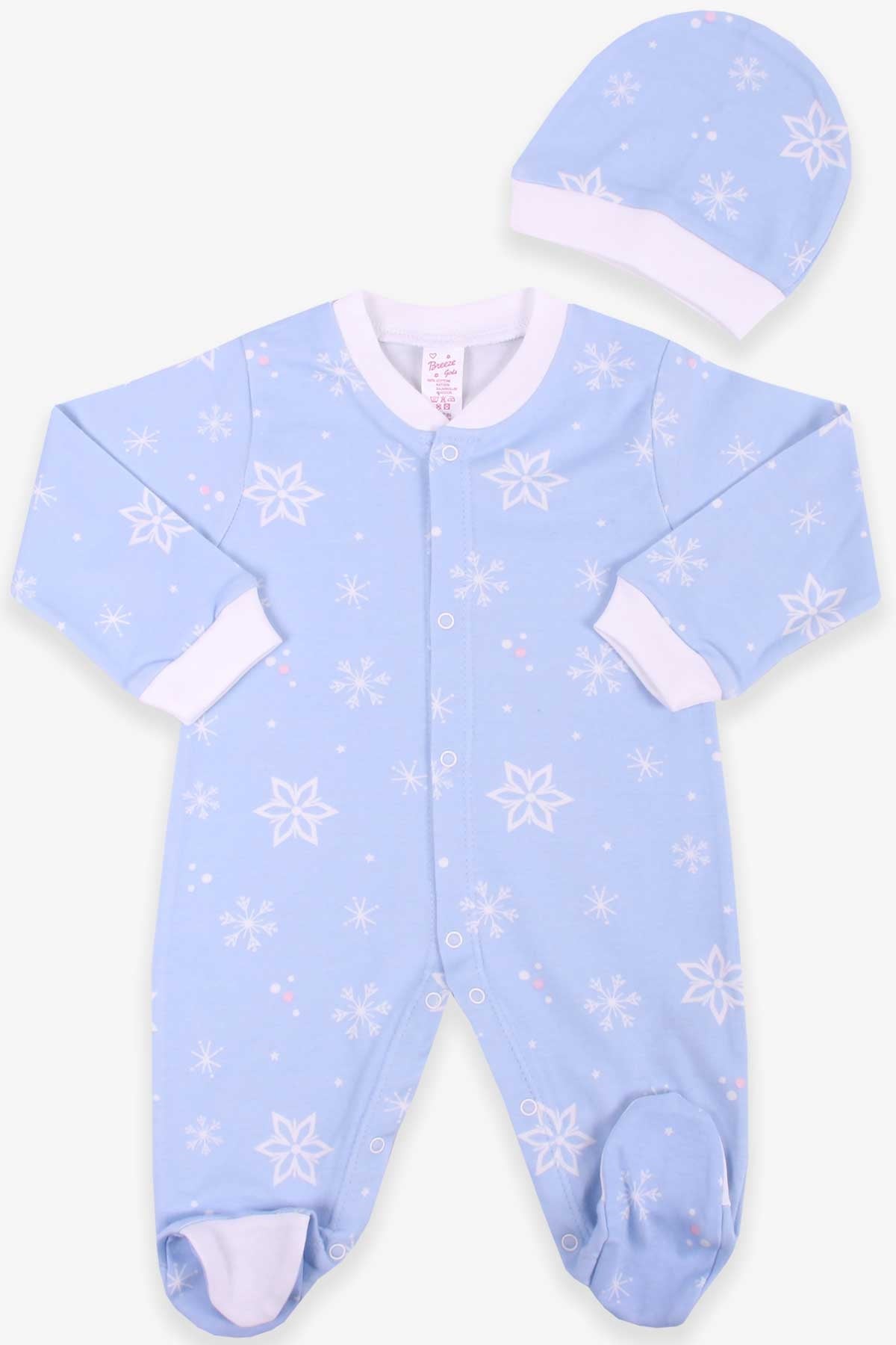 Breeze Kız Bebek Tulum Kar Tanesi Desenli Şapkalı Set Bebe Mavisi (0-3-6 Ay)