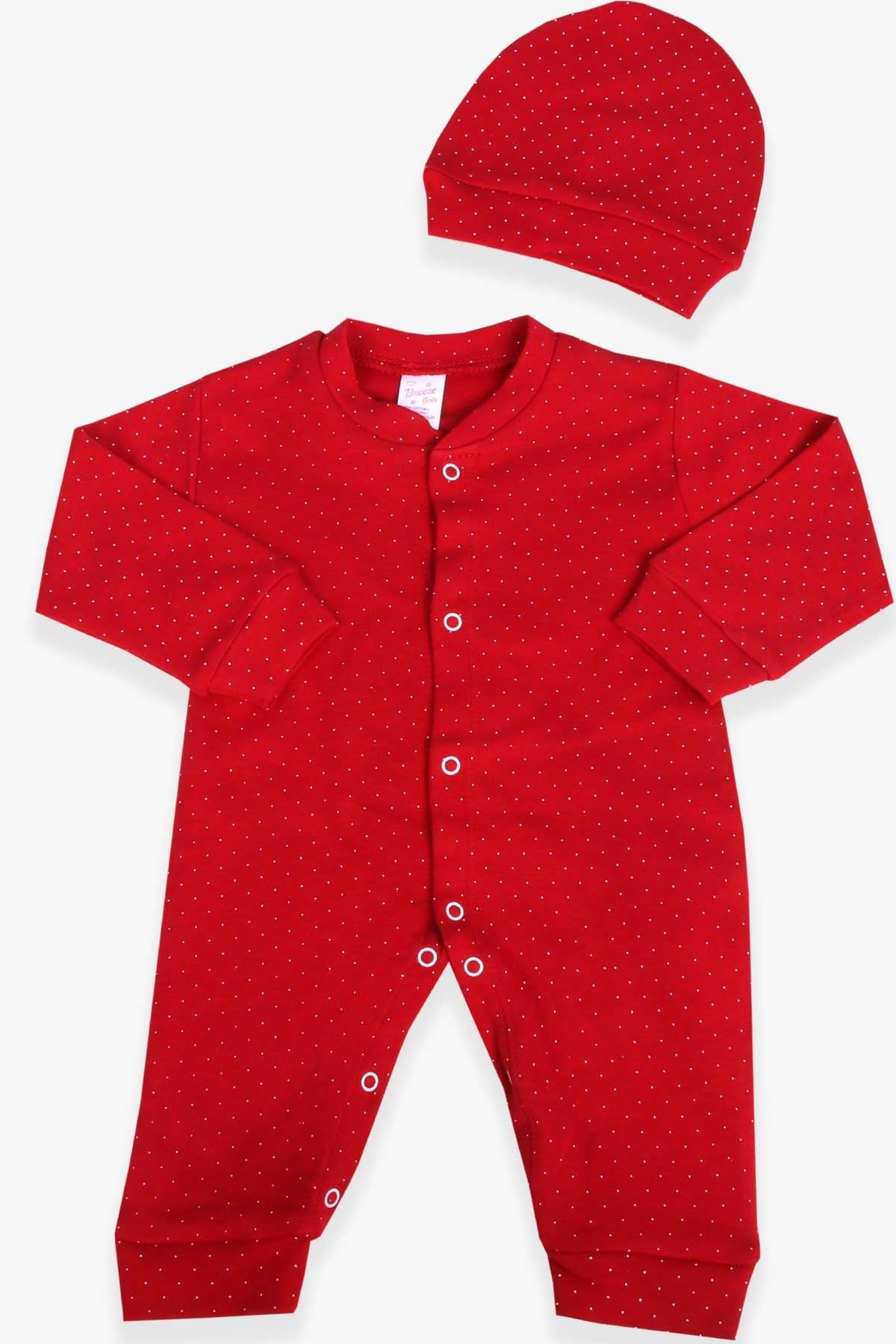 Breeze Kız Bebek Tulum Puantiye Desenli Şapkalı Set Kırmızı (0-3 Ay-6 Ay)