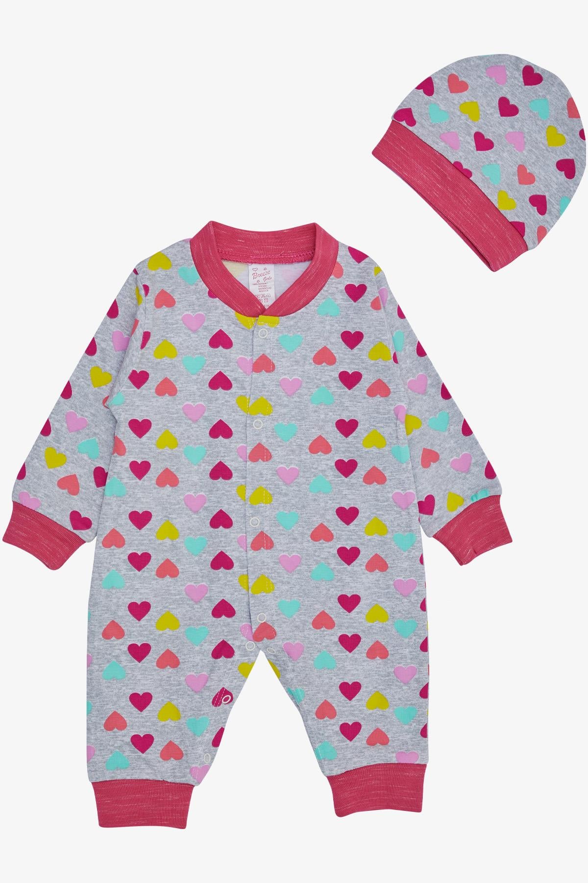 Breeze Kız Bebek Tulum Renkli Kalp Desenli Açık Gri Melanj (0-6 Ay)