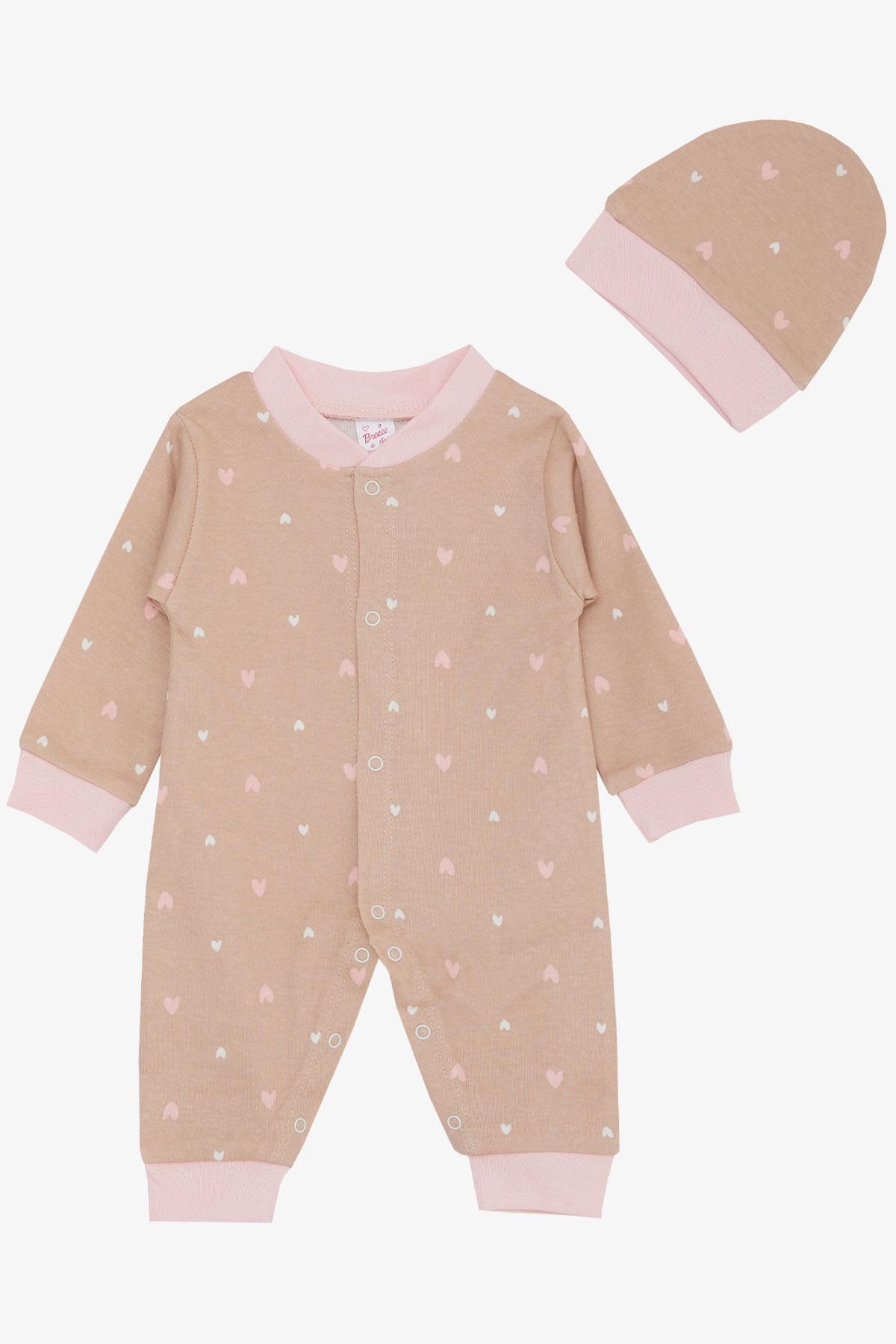 Breeze Kız Bebek Tulum Renkli Kalp Desenli Açık Kahverengi (0-6 Ay)