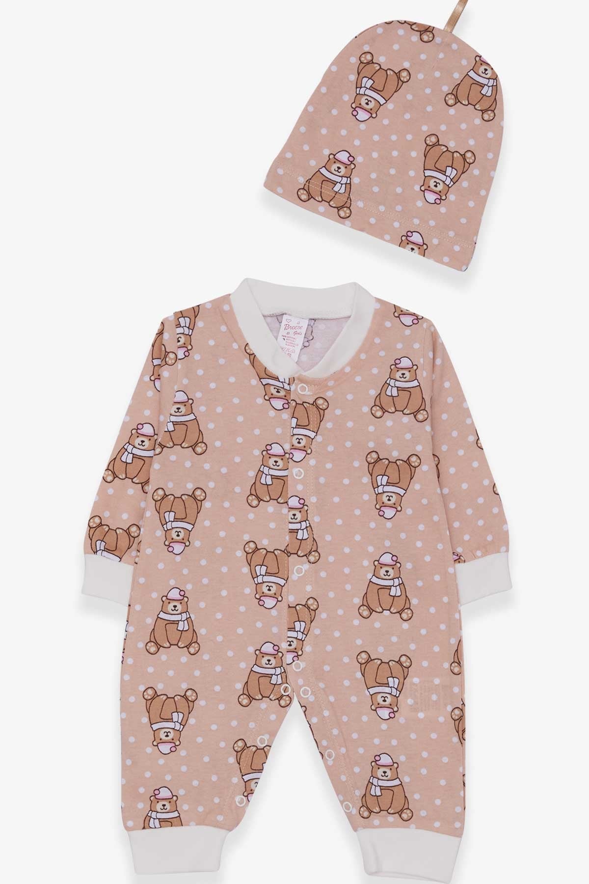 Breeze Kız Bebek Tulum Şapkalı Ayıcık Desenli Açık Kahverengi (0-3 Ay-6 Ay)