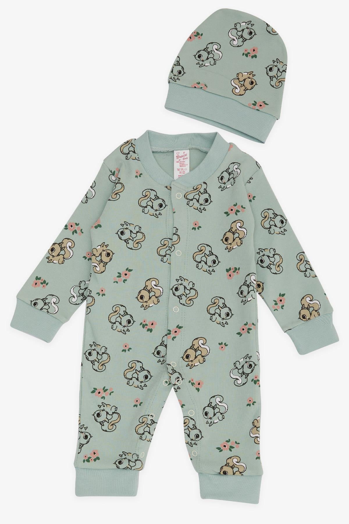Breeze Kız Bebek Tulum Sincap  Desenli Çiçek Baskılı Mint Yeşili (0-3 Ay-6 Ay)