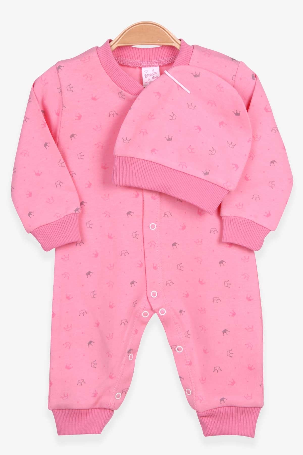 Breeze Kız Bebek Tulum Taç Desenli Şapkalı Set Pembe (0-3-6 Ay)