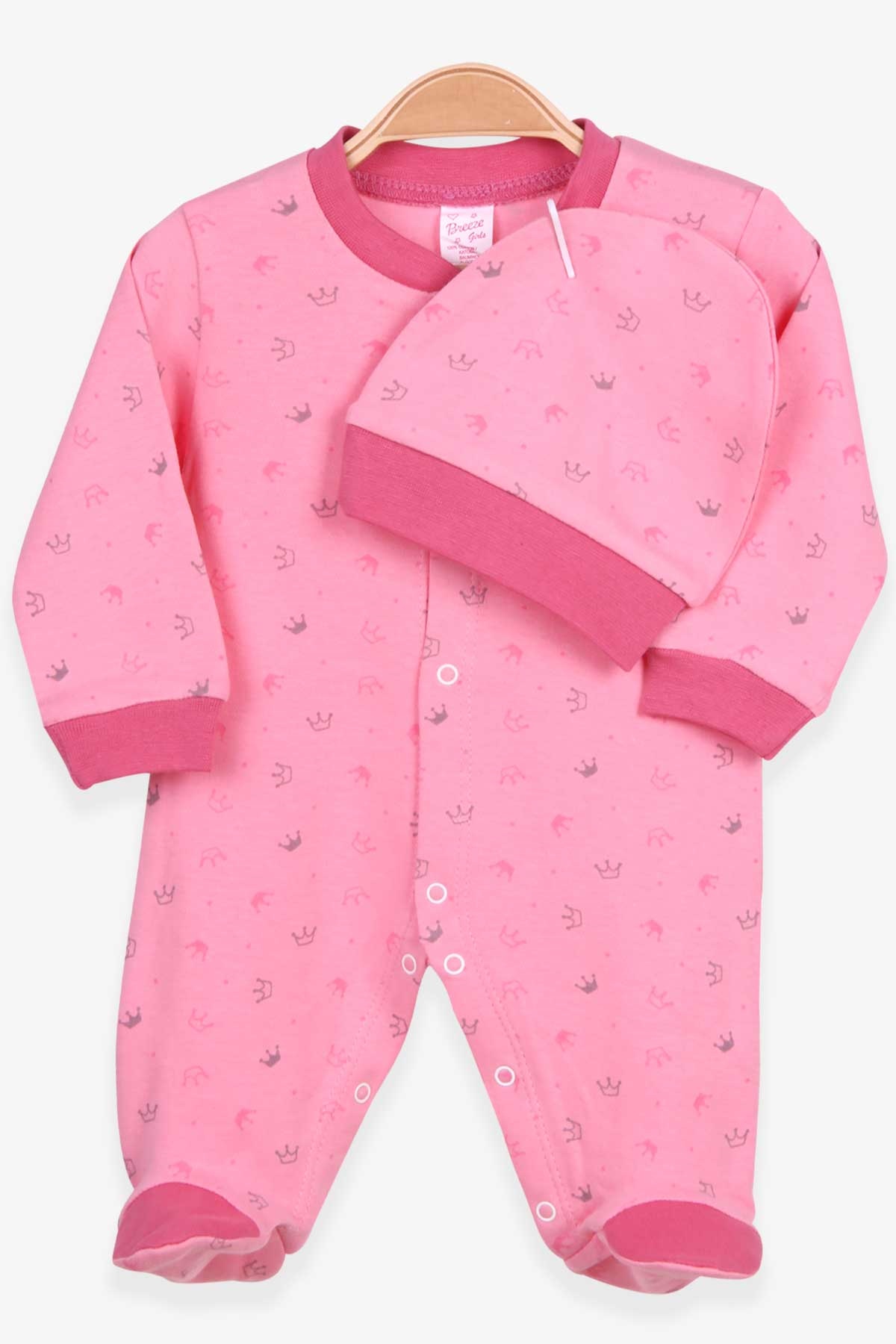 Breeze Kız Bebek Tulum Taç Desenli Şapkalı Set Pembe (0-3 Ay-6 Ay)