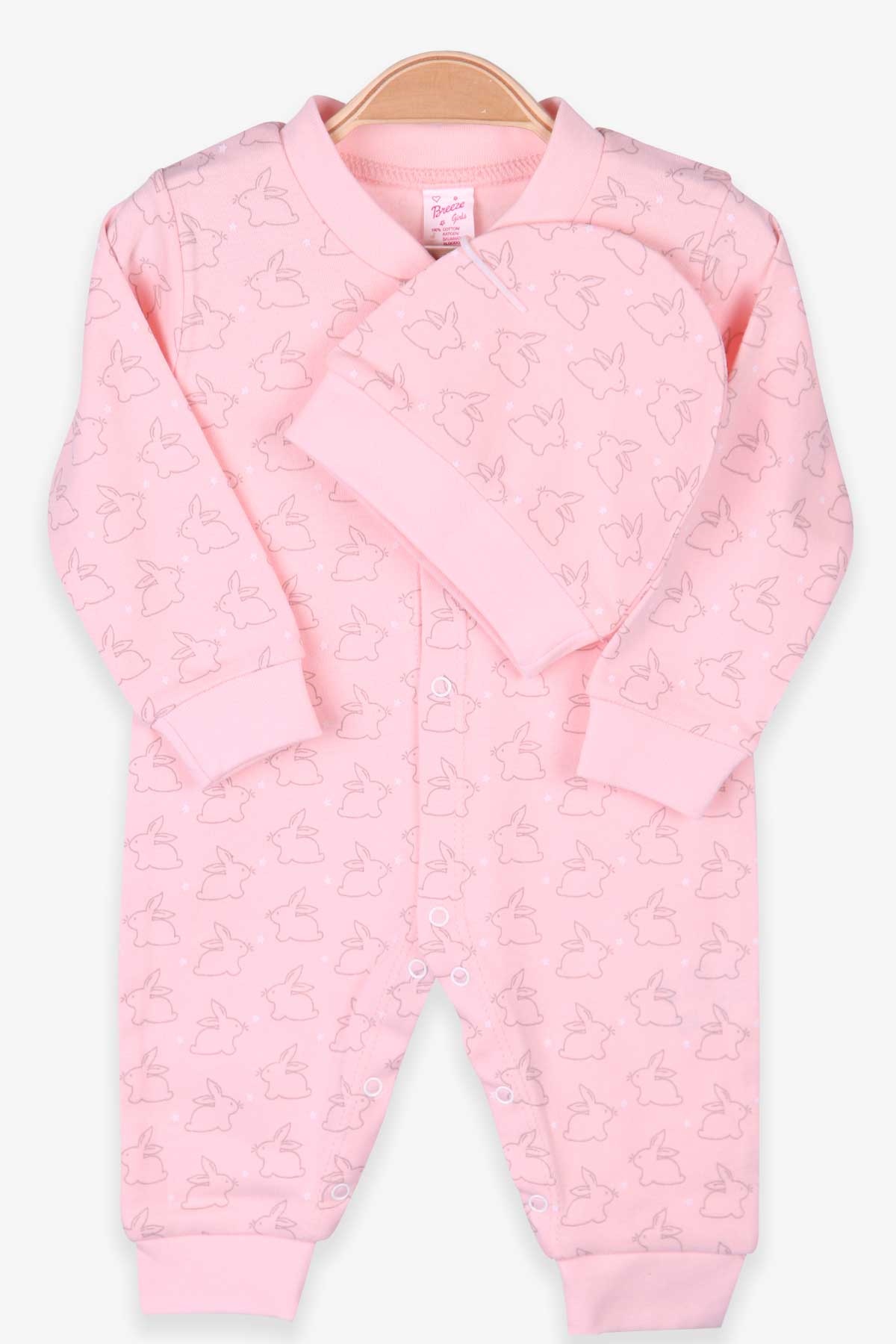 Breeze Kız Bebek Tulum Tavşan Desenli Şapkalı Set Somon (0-3 Ay-4 Ay)