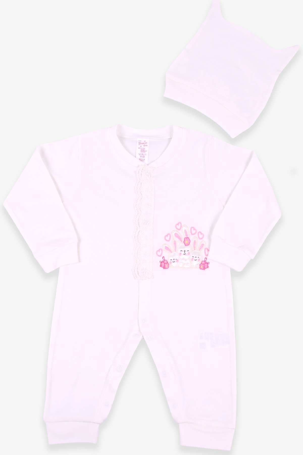 Breeze Kız Bebek Tulum Tavşan Nakışlı Şapkalı Set Ekru (0-3-6 Ay)
