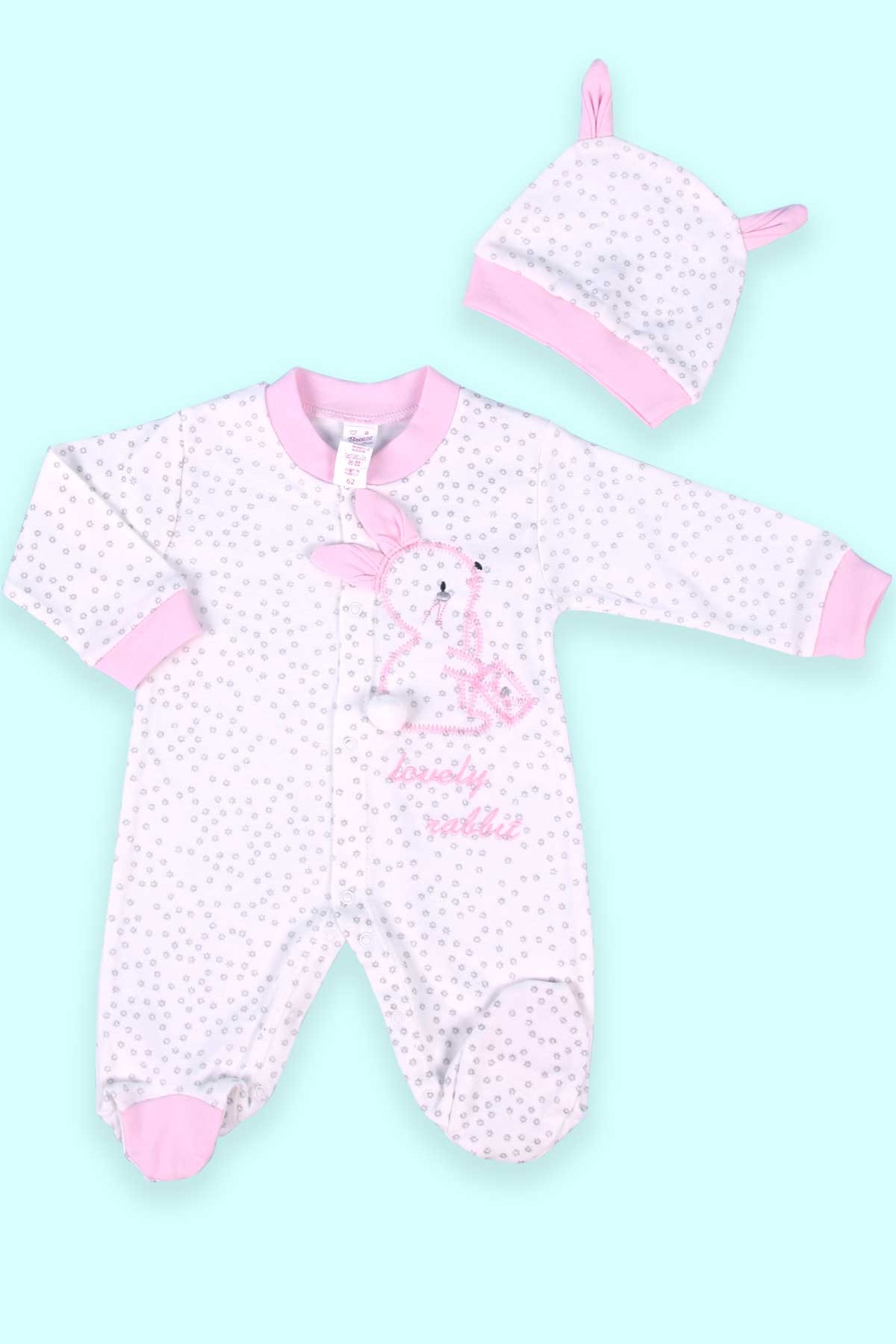 Breeze Kız Bebek Tulum Tavşan Nakışlı Şapkalı Set Ekru (0-3 Ay-4 Ay)