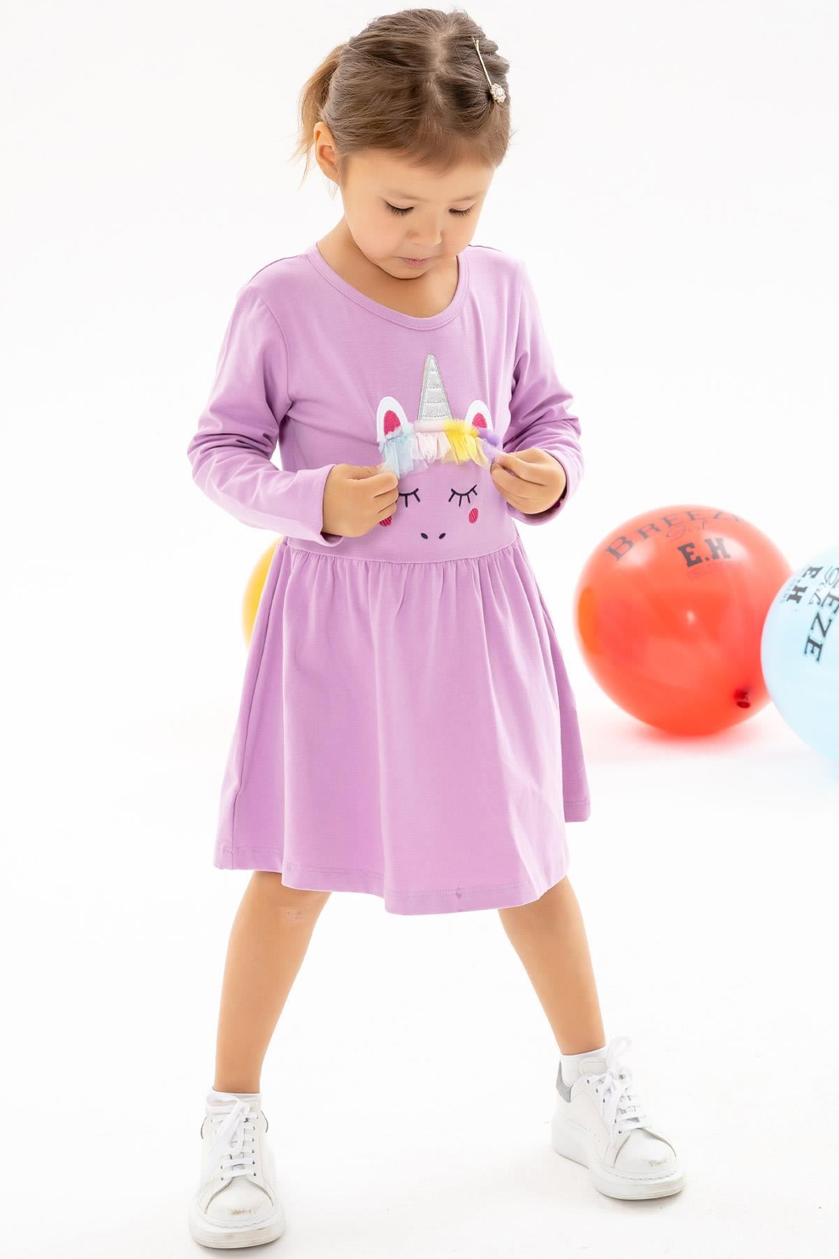 Breeze Kız Bebek Uzun Kol Elbise Unicorn Eflatun (1.5 Yaş)