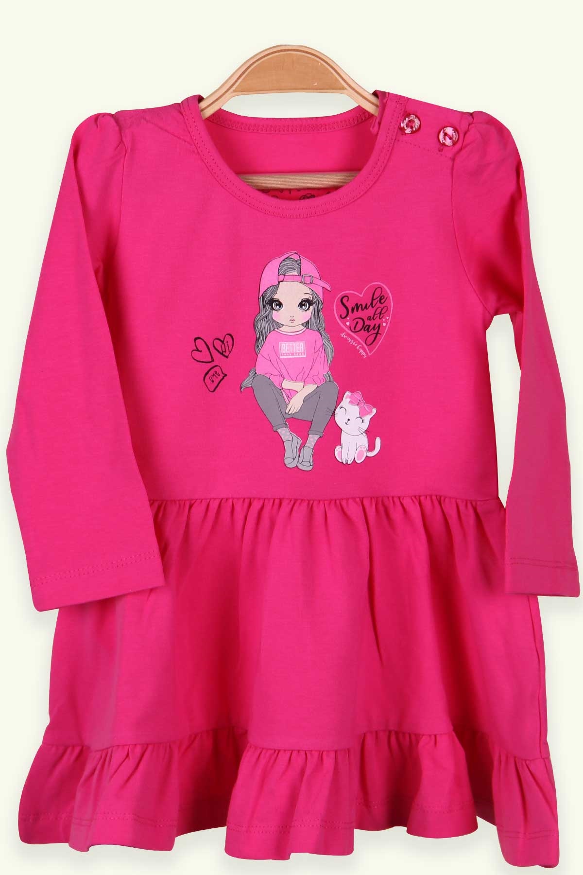 Breeze Kız Bebek Uzun Kollu Elbise Bebekli Kedili Baskılı Fuşya (9 Ay-3 Yaş)