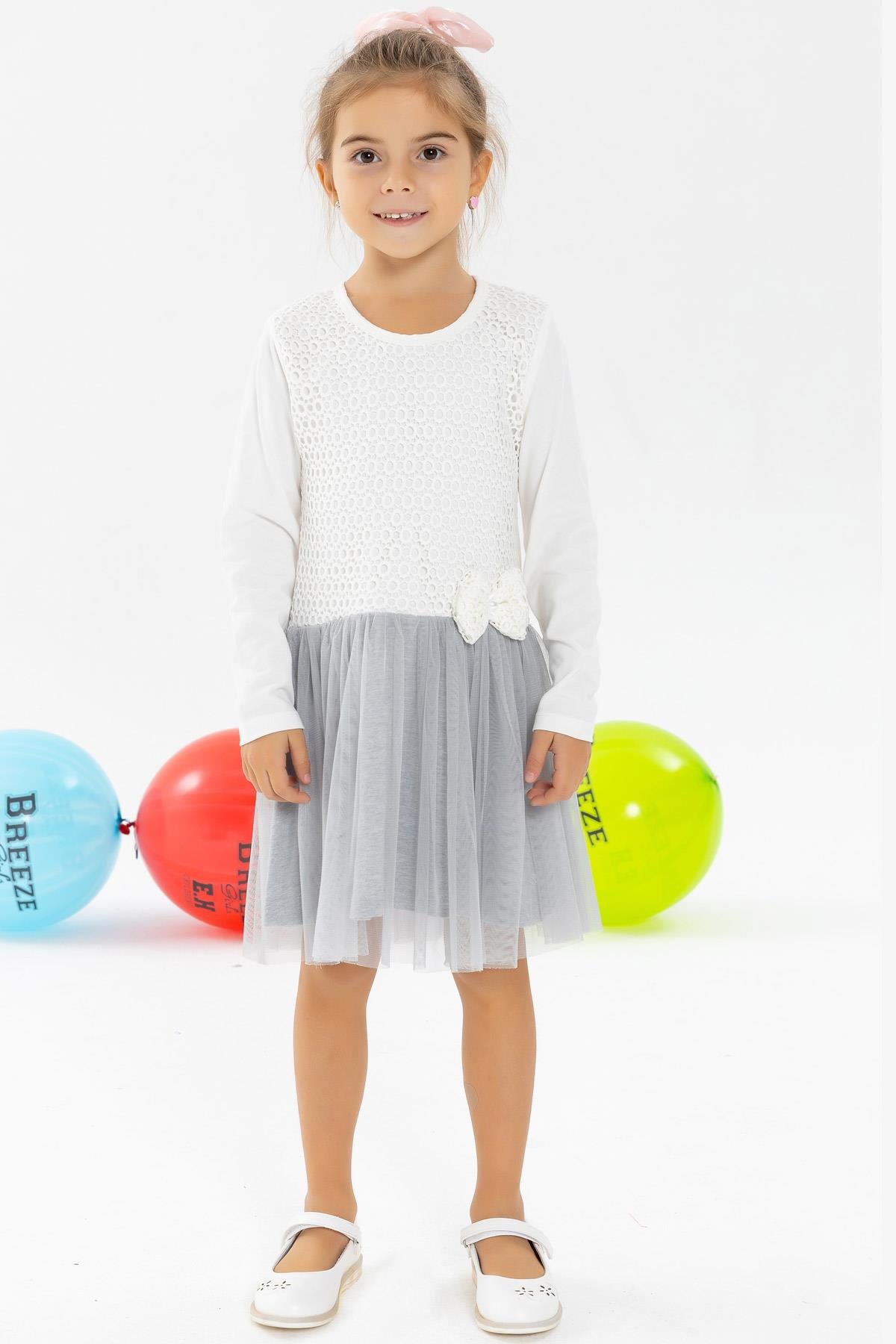 Breeze Kız Bebek Uzun Kollu Elbise Güpürlü Fiyonklu Ekru (2 Yaş)