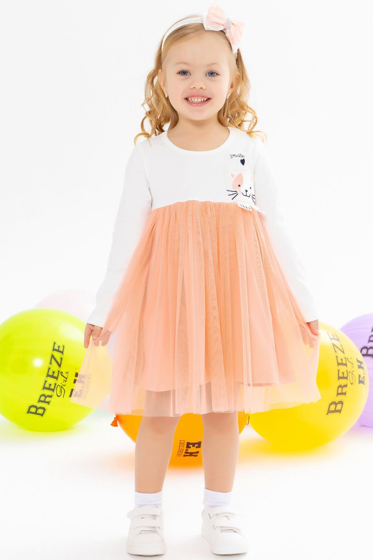 Breeze Kız Bebek Uzun Kollu Elbise Kedicik Nakışlı Ekru (1.5 Yaş)