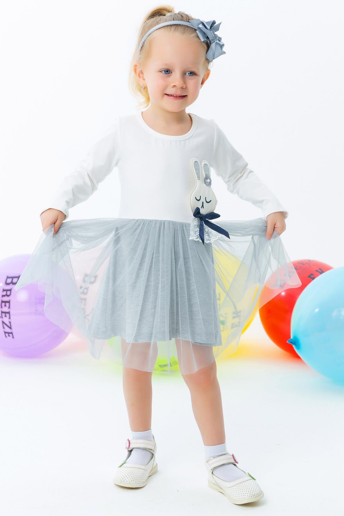 Breeze Kız Bebek Uzun Kollu Elbise Tavşanlı Nakışlı Ekru (1.5 Yaş)