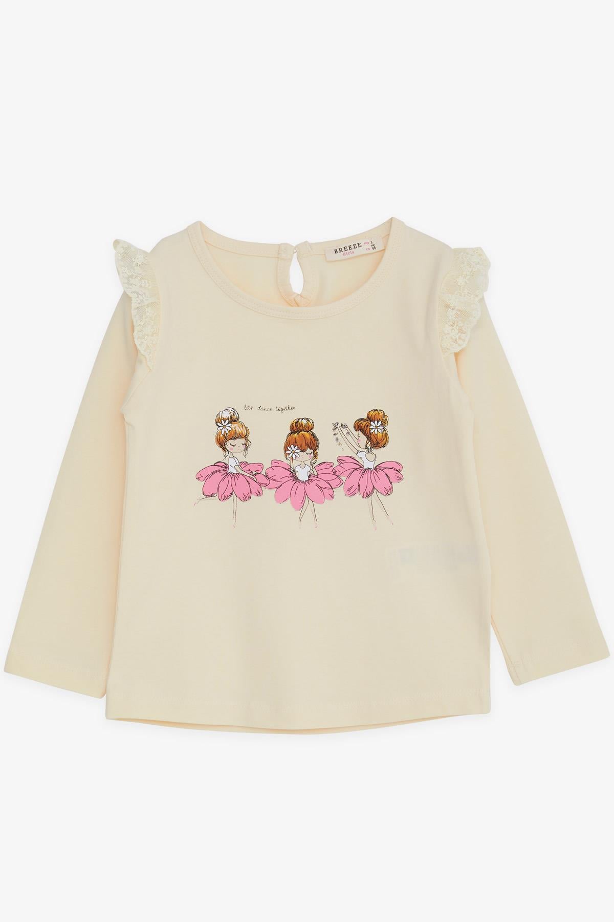 Breeze Kız Bebek Uzun Kollu Tişört Danscı Kız Baskılı Güpürlü Krem (9 Ay-3 Yaş)