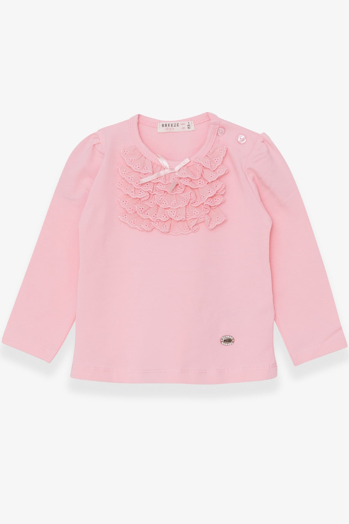 Breeze Kız Bebek Uzun Kollu Tişört Güpürlü Fiyonklu Pudra (6 Ay-8 Yaş)