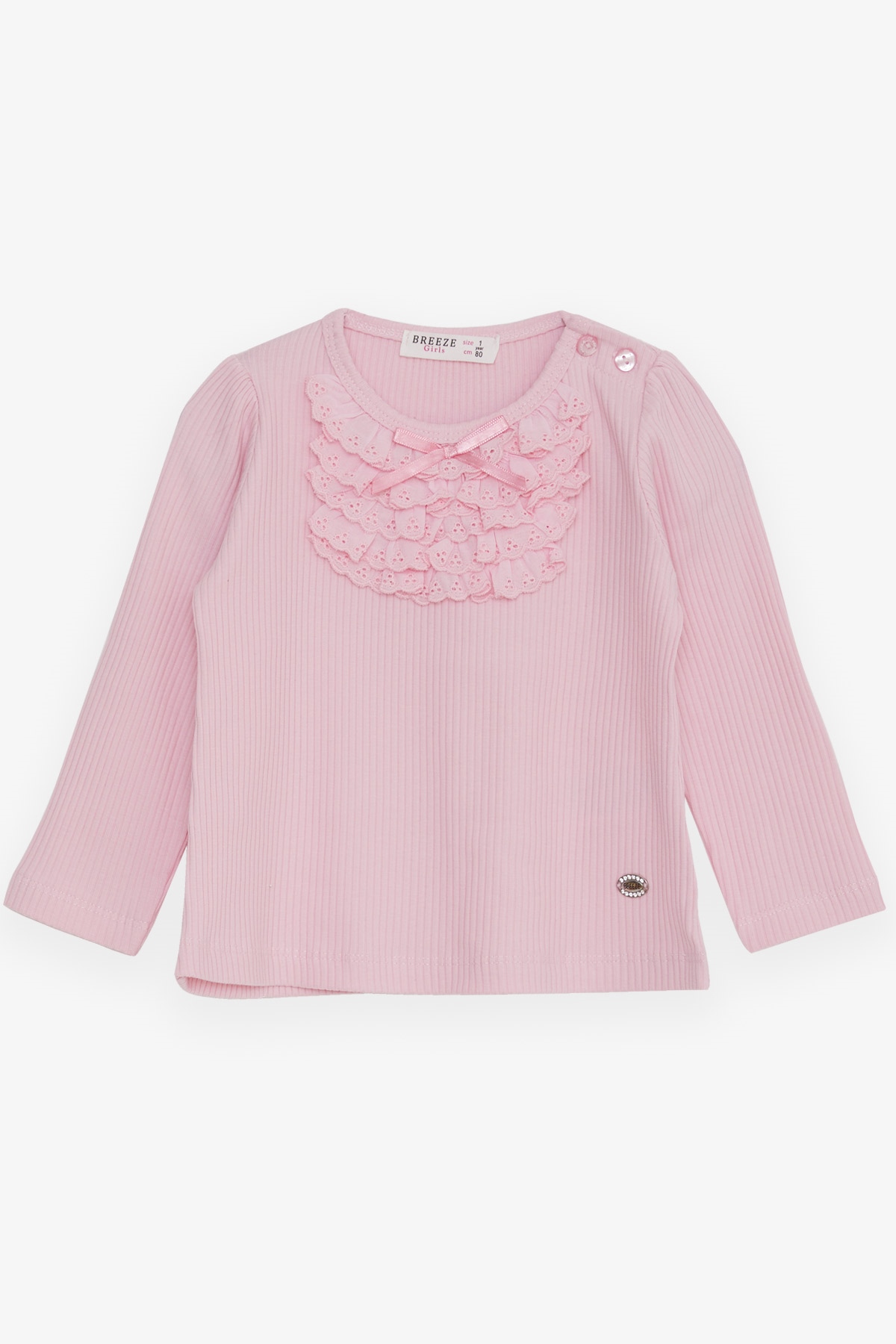 Breeze Kız Bebek Uzun Kollu Tişört Güpürlü Fiyonklu Pembe (6 Ay-2 Yaş)