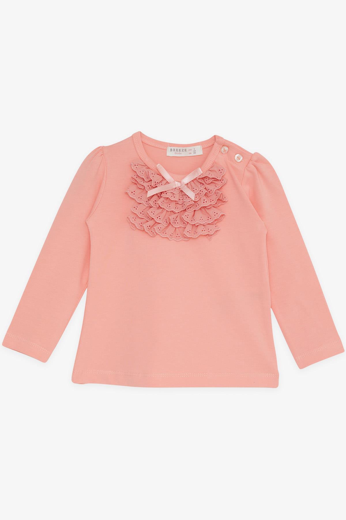 Breeze Kız Bebek Uzun Kollu Tişört Güpürlü Fiyonklu Somon (6 Ay-2 Yaş)
