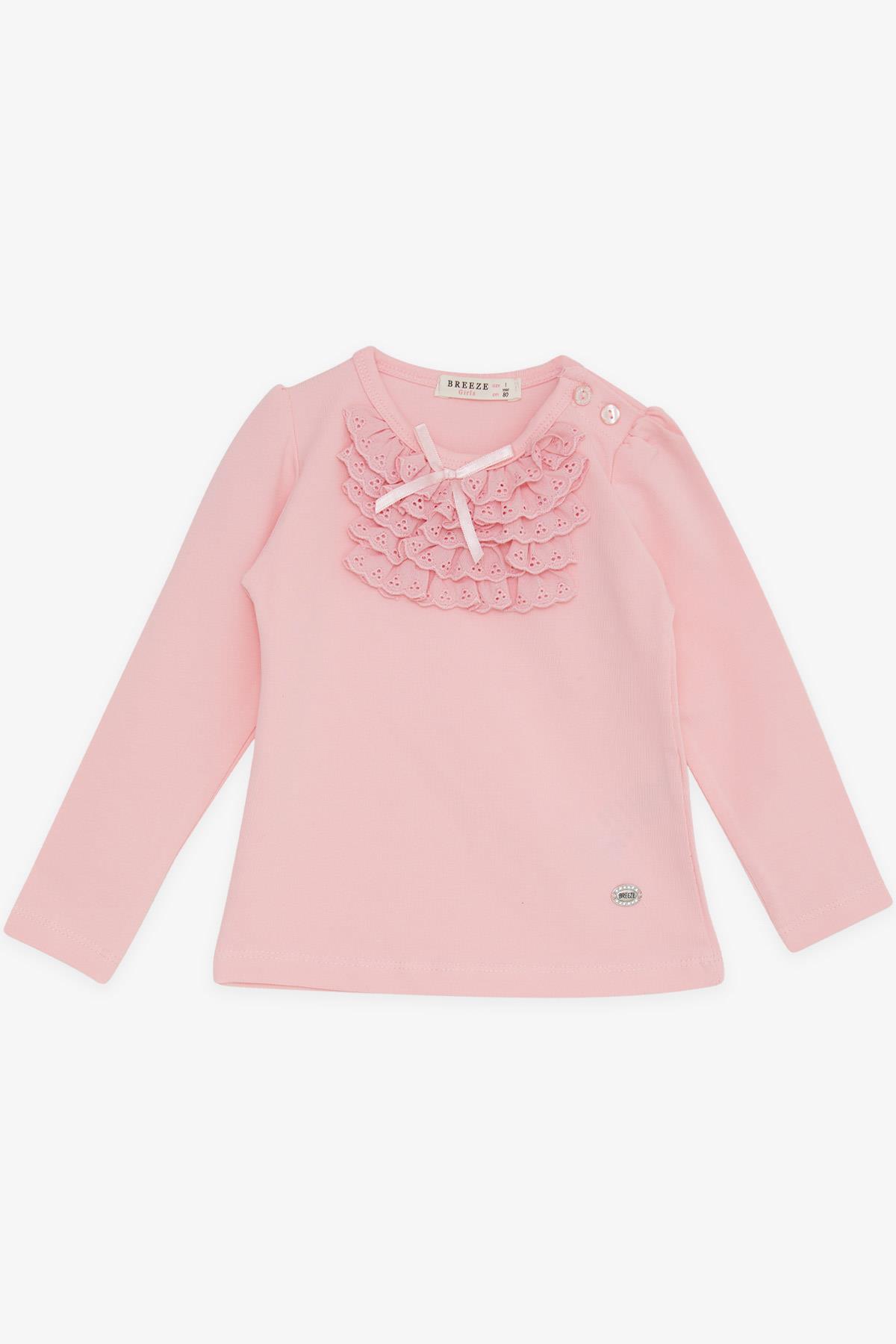 Breeze Kız Bebek Uzun Kollu Tişört Güpürlü Fiyonklu Pembe (6 Ay-2 Yaş)
