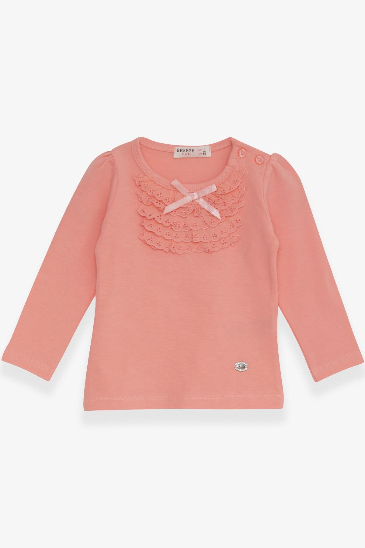 Breeze Kız Bebek Uzun Kollu Tişört Güpürlü Fiyonklu Somon (6 Ay-2 Yaş)