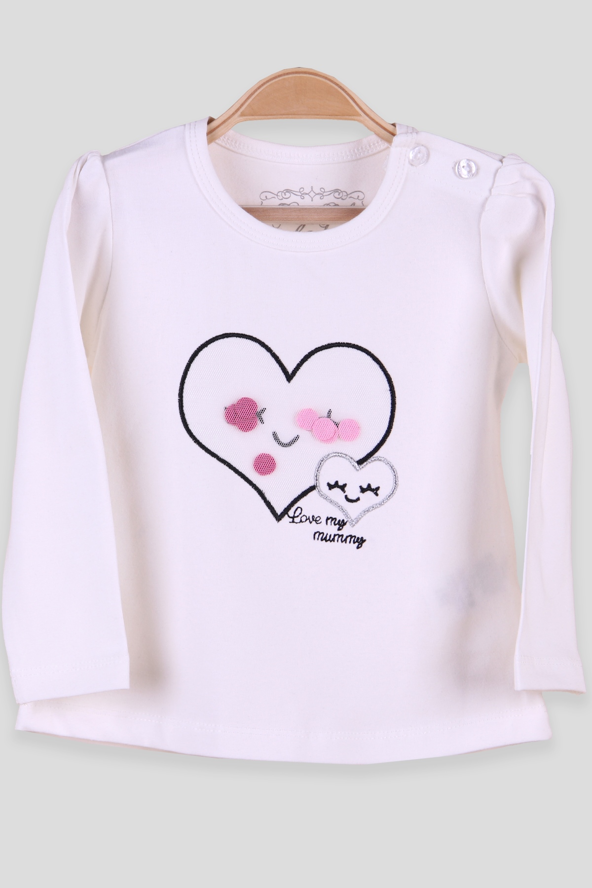 Breeze Kız Bebek Uzun Kollu Tişört Kalp Desenli Ekru (9 Ay-3 Yaş)